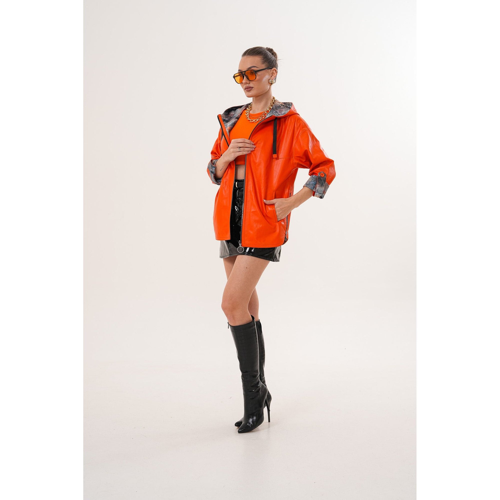 The Nyxara Reversible Hooded Orange Leather Jacket