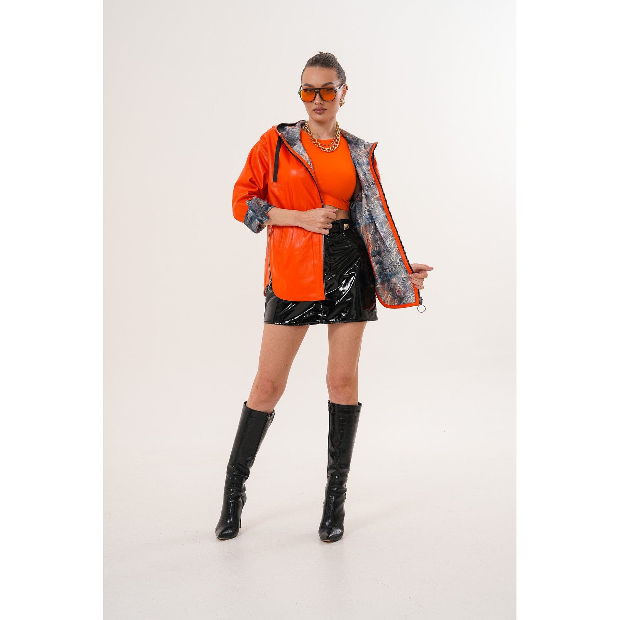 The Nyxara Reversible Hooded Orange Leather Jacket