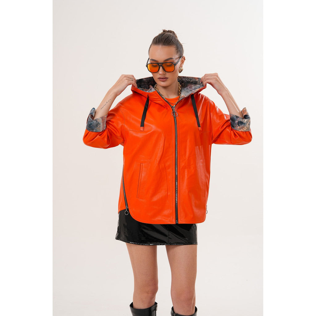The Nyxara Reversible Hooded Orange Leather Jacket