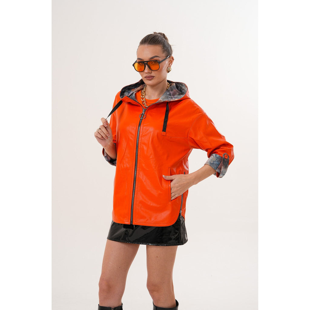 The Nyxara Reversible Hooded Orange Leather Jacket