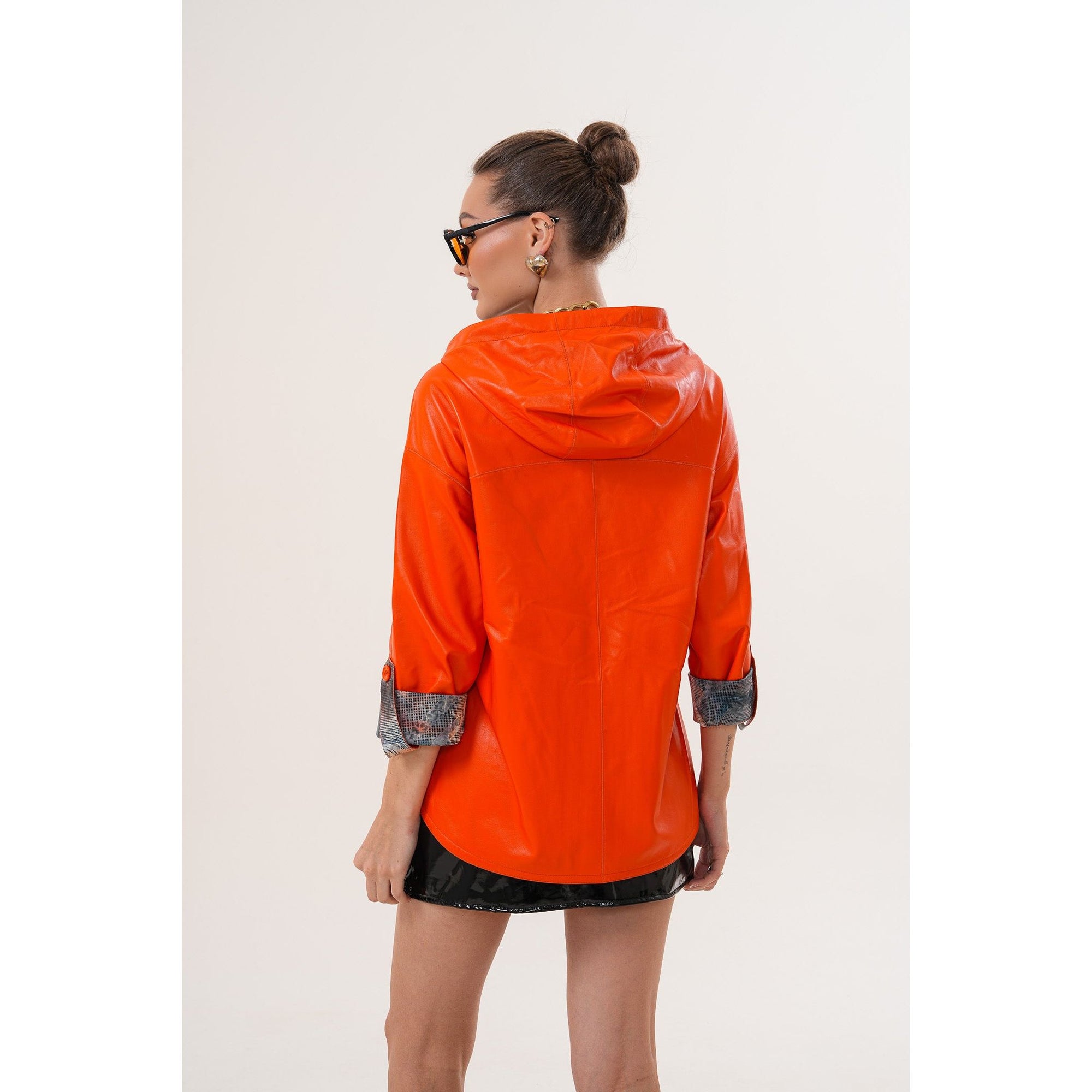 The Nyxara Reversible Hooded Orange Leather Jacket