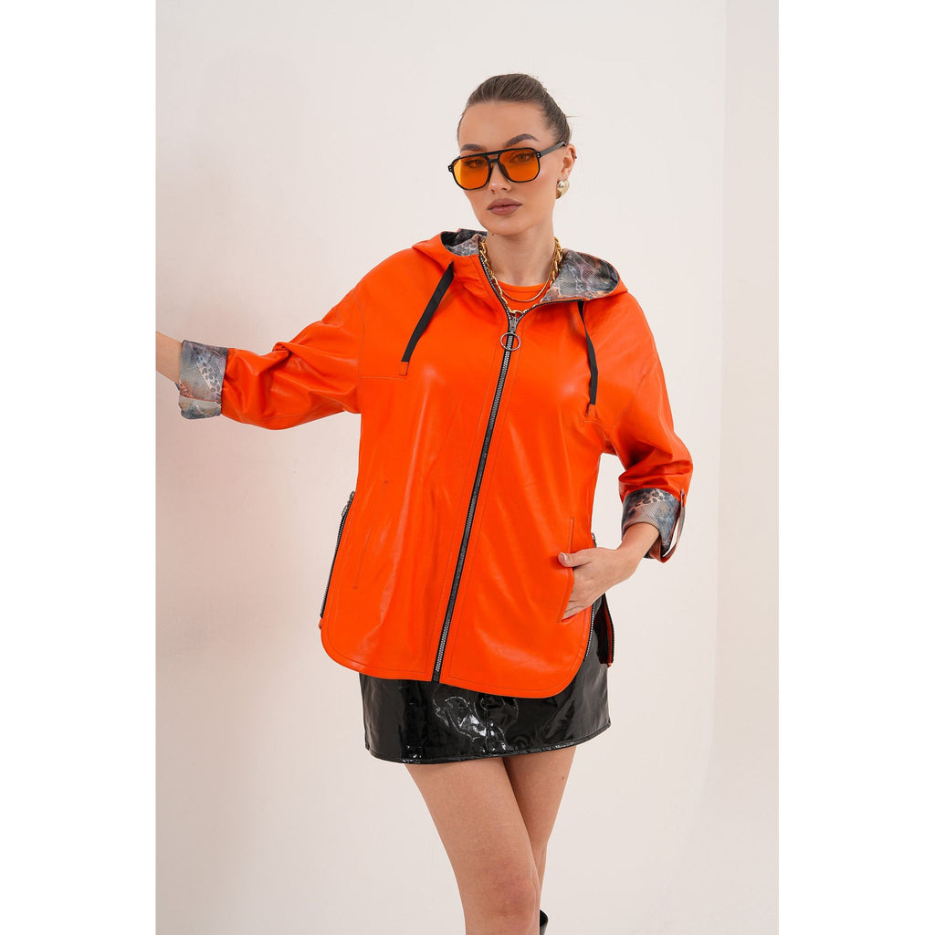 The Nyxara Reversible Hooded Orange Leather Jacket