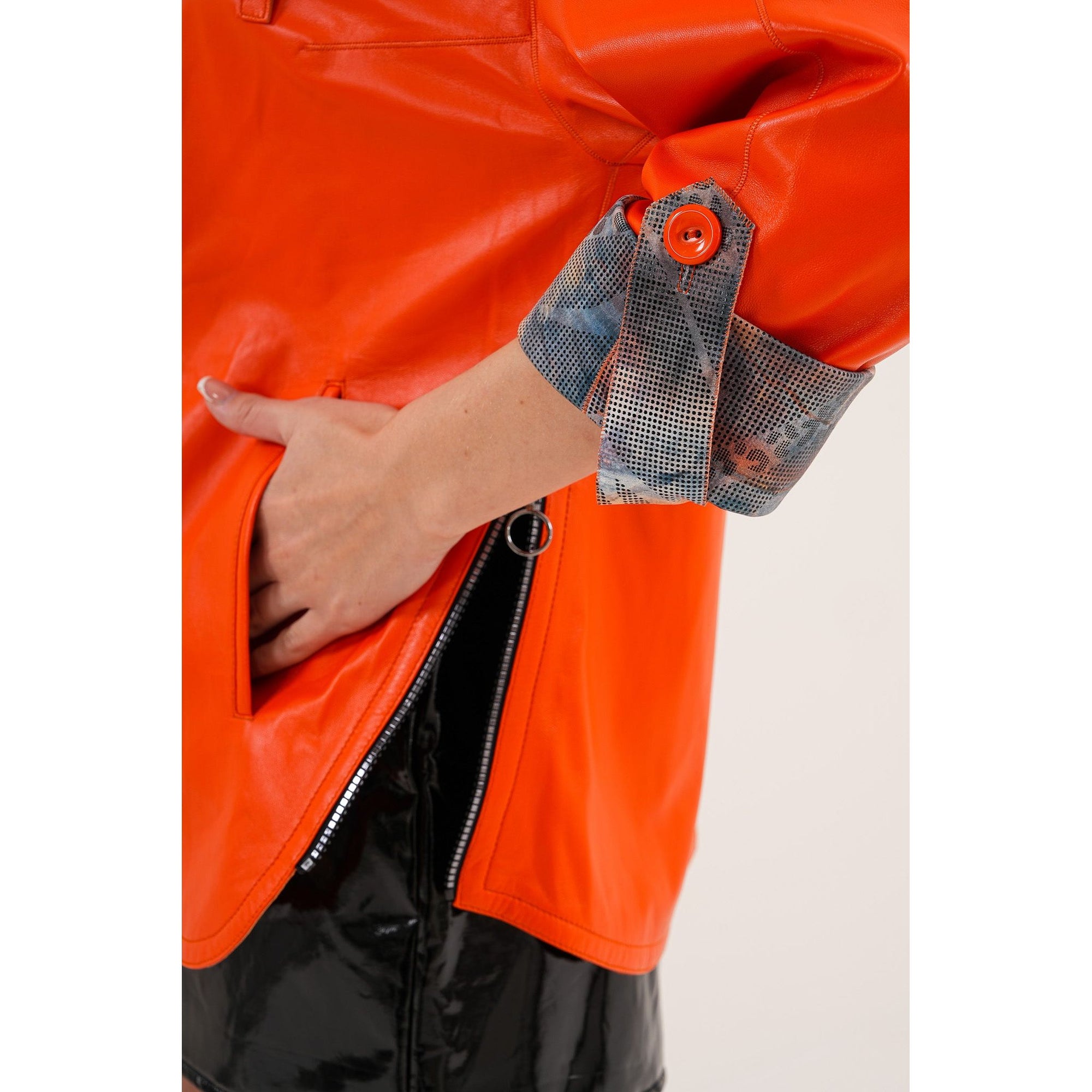 The Nyxara Reversible Hooded Orange Leather Jacket