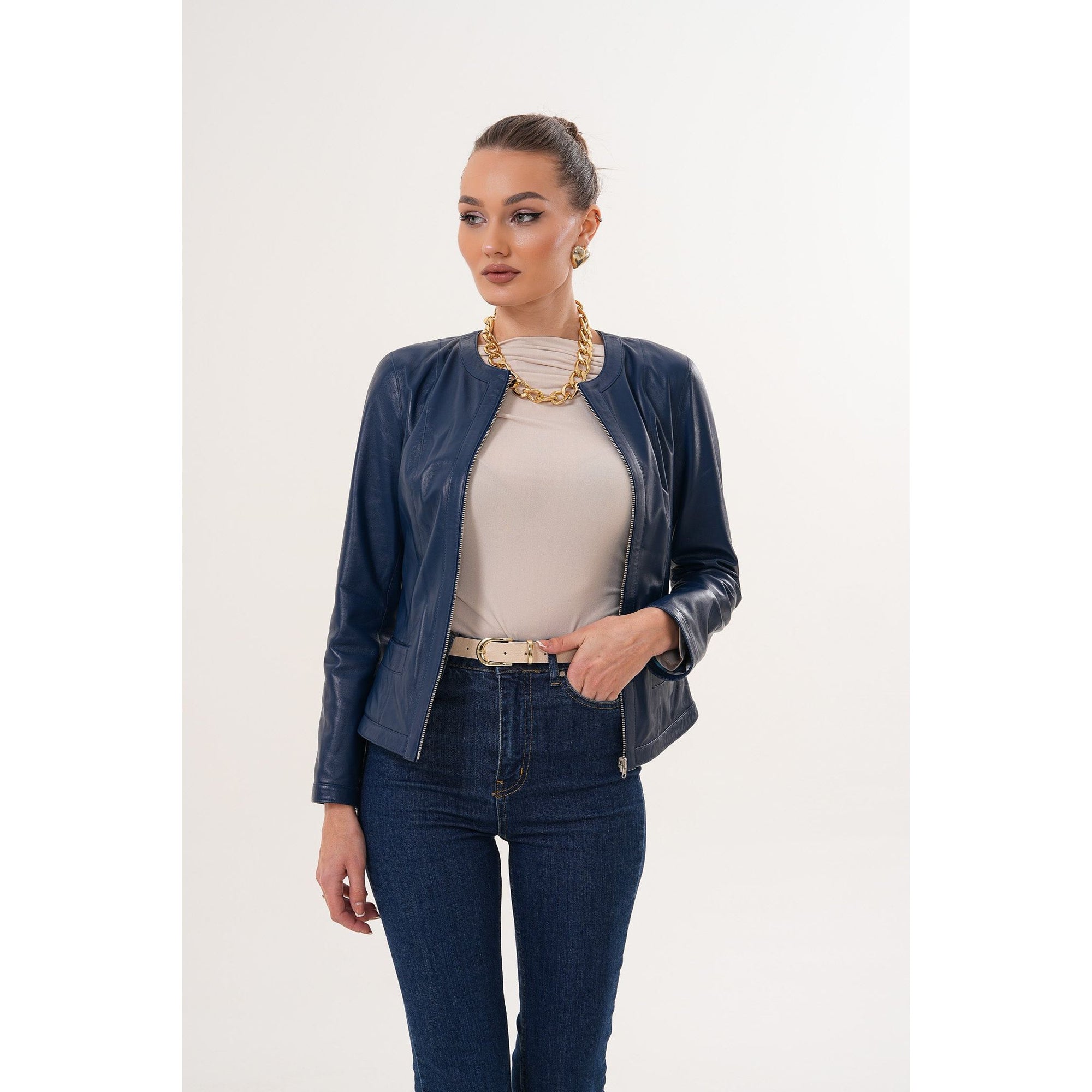 The Nyvessa Reversible Navy Blue Leather Women Jacket