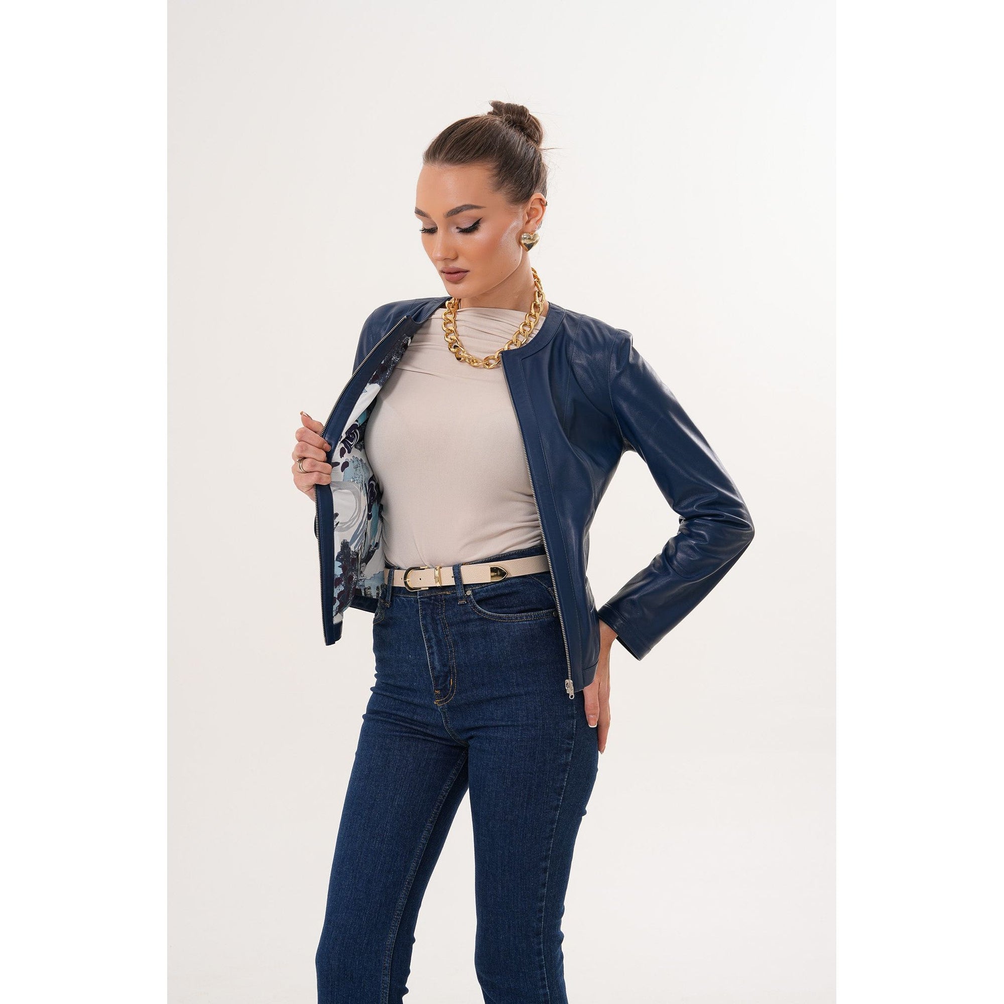 The Nyvessa Reversible Navy Blue Leather Women Jacket