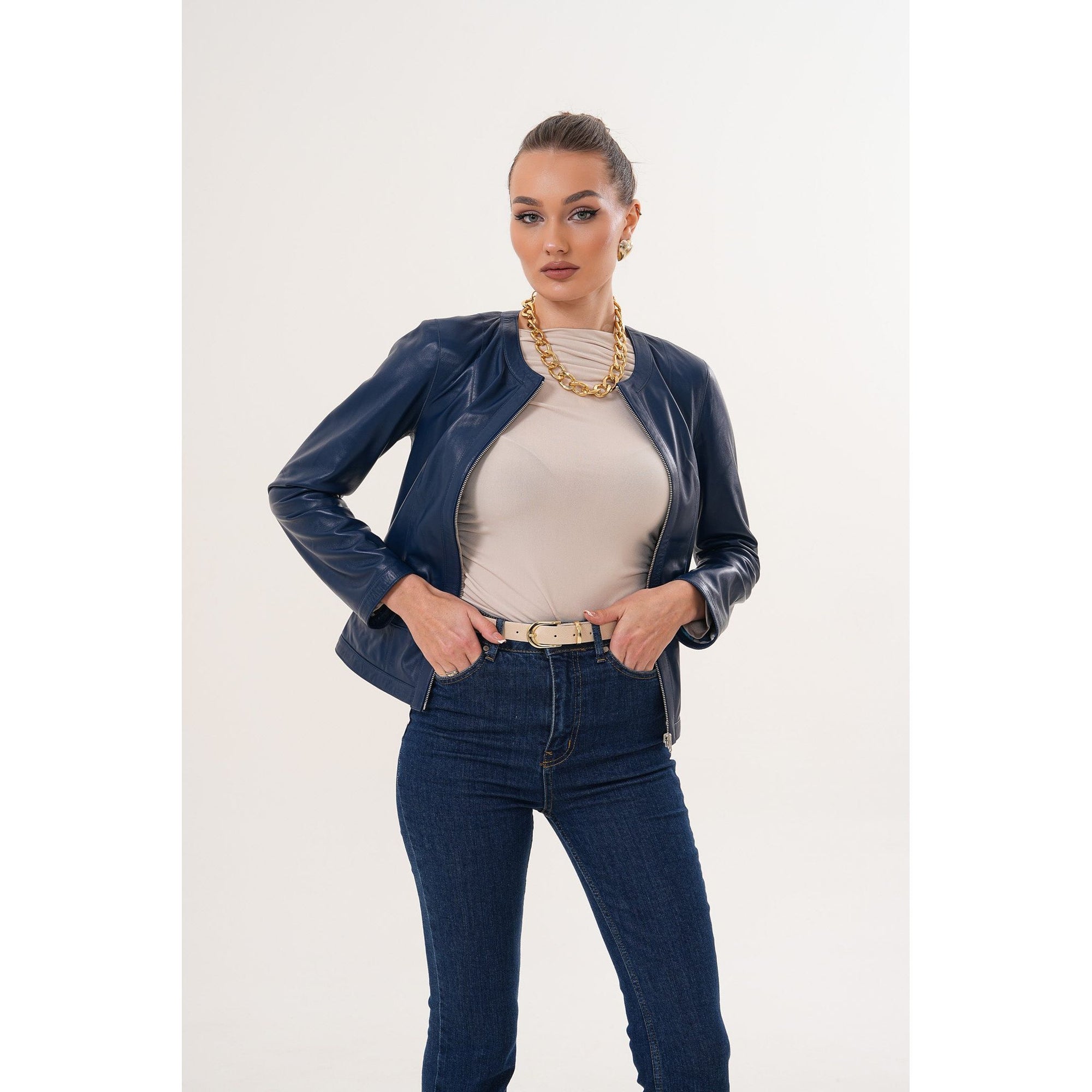 The Nyvessa Reversible Navy Blue Leather Women Jacket
