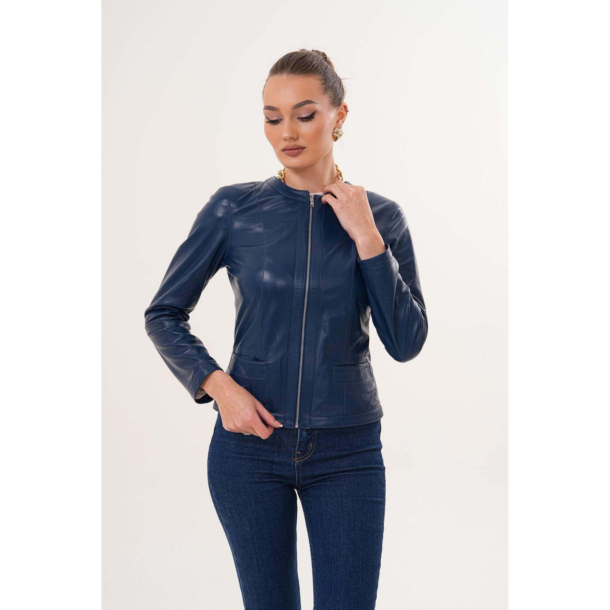 The Nyvessa Reversible Navy Blue Leather Women Jacket