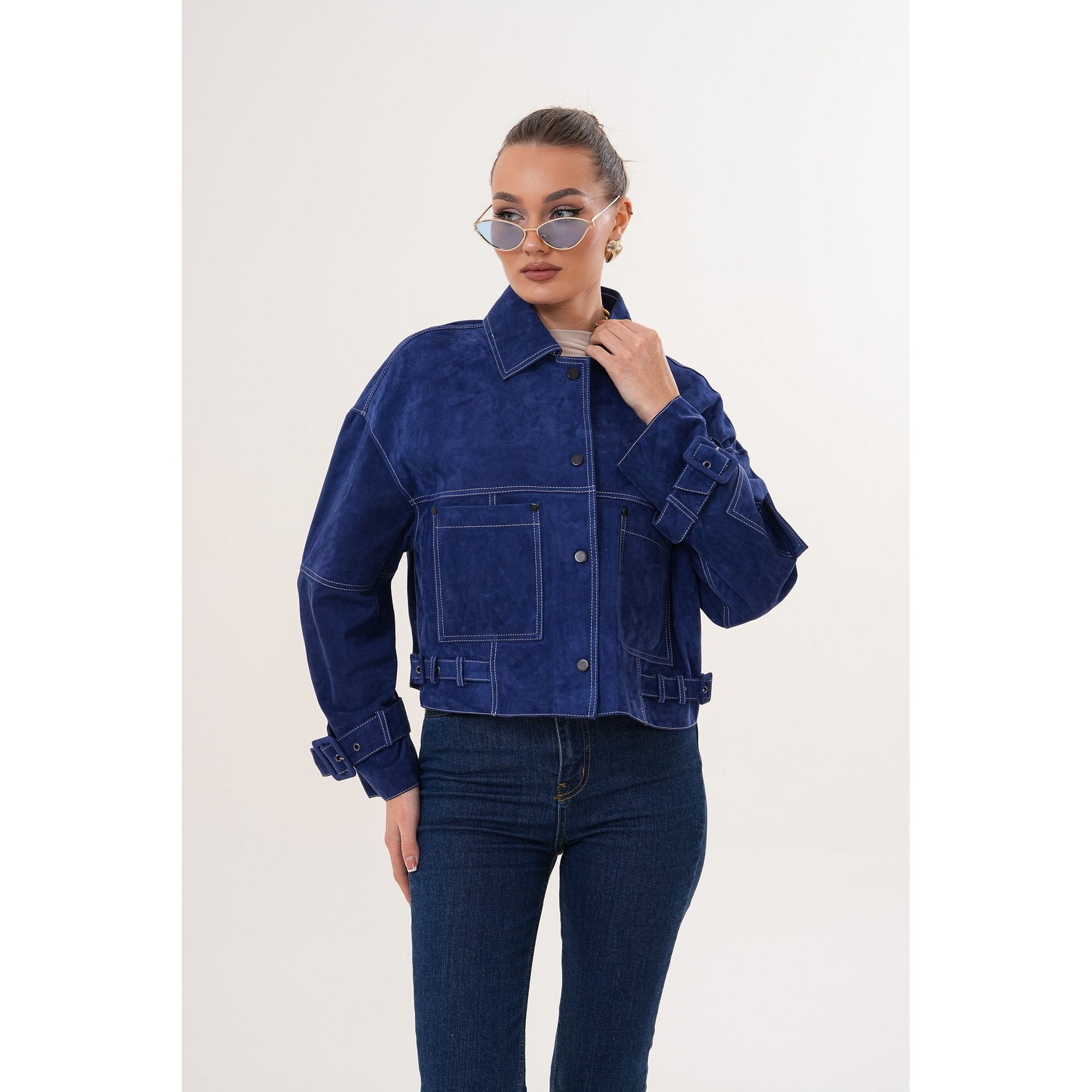 The Velmira Reversible Navy Blue Suede Leather Jacket