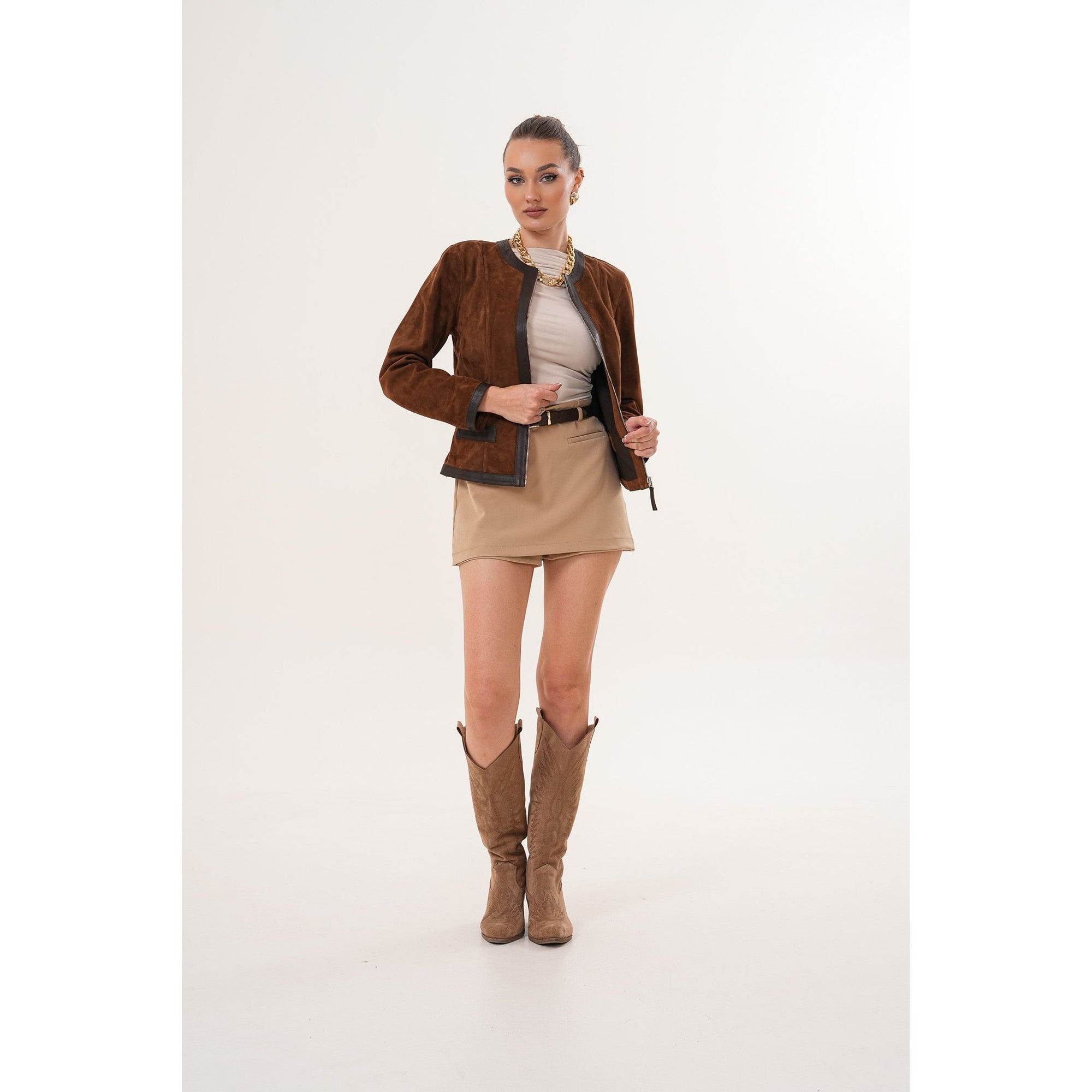 The Nyvessa Reversible Brown Suede & Dark Brown Leather Women Jacket