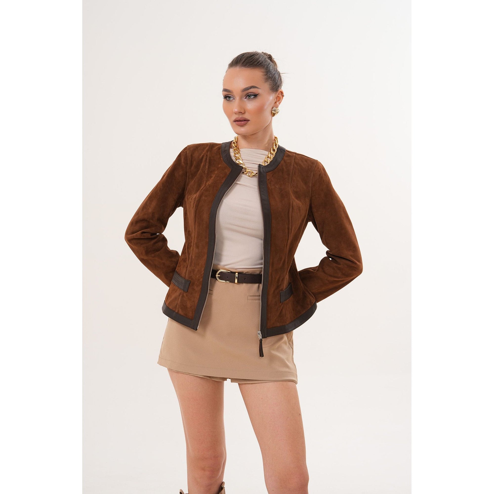 The Nyvessa Reversible Brown Suede & Dark Brown Leather Women Jacket