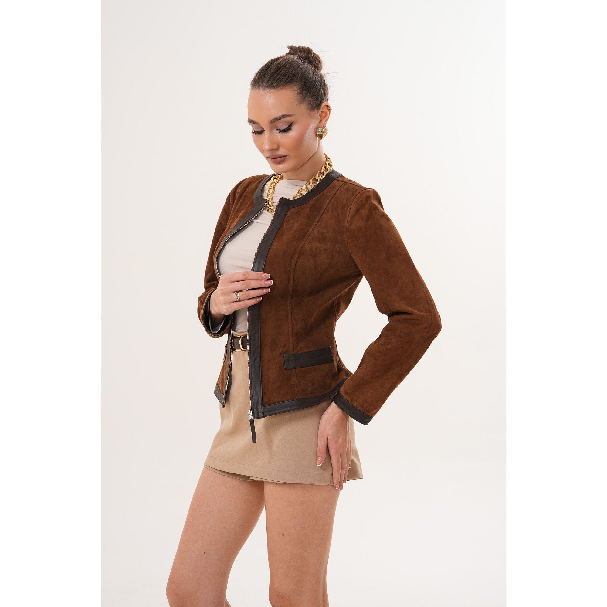 The Nyvessa Reversible Brown Suede & Dark Brown Leather Women Jacket