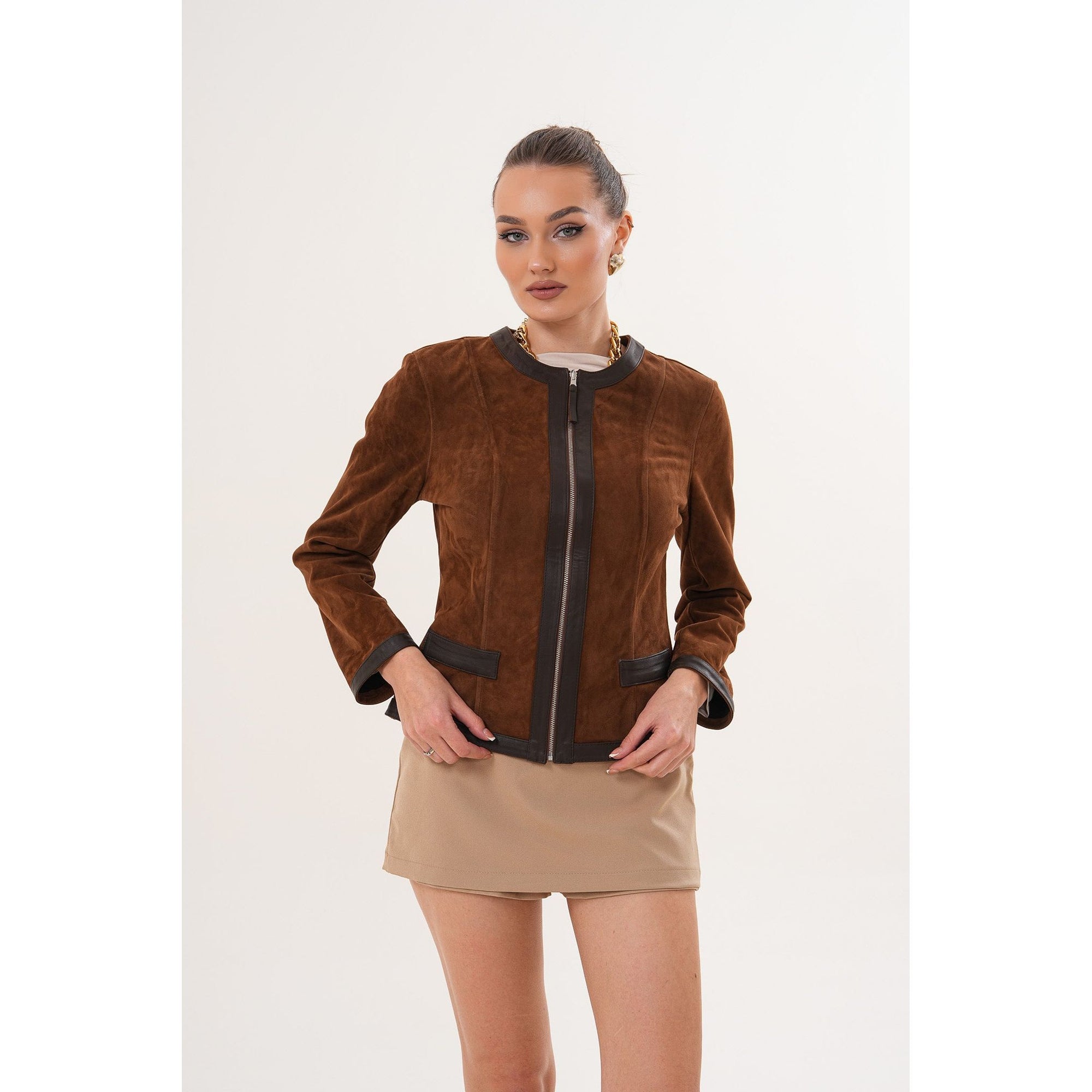 The Nyvessa Reversible Brown Suede & Dark Brown Leather Women Jacket