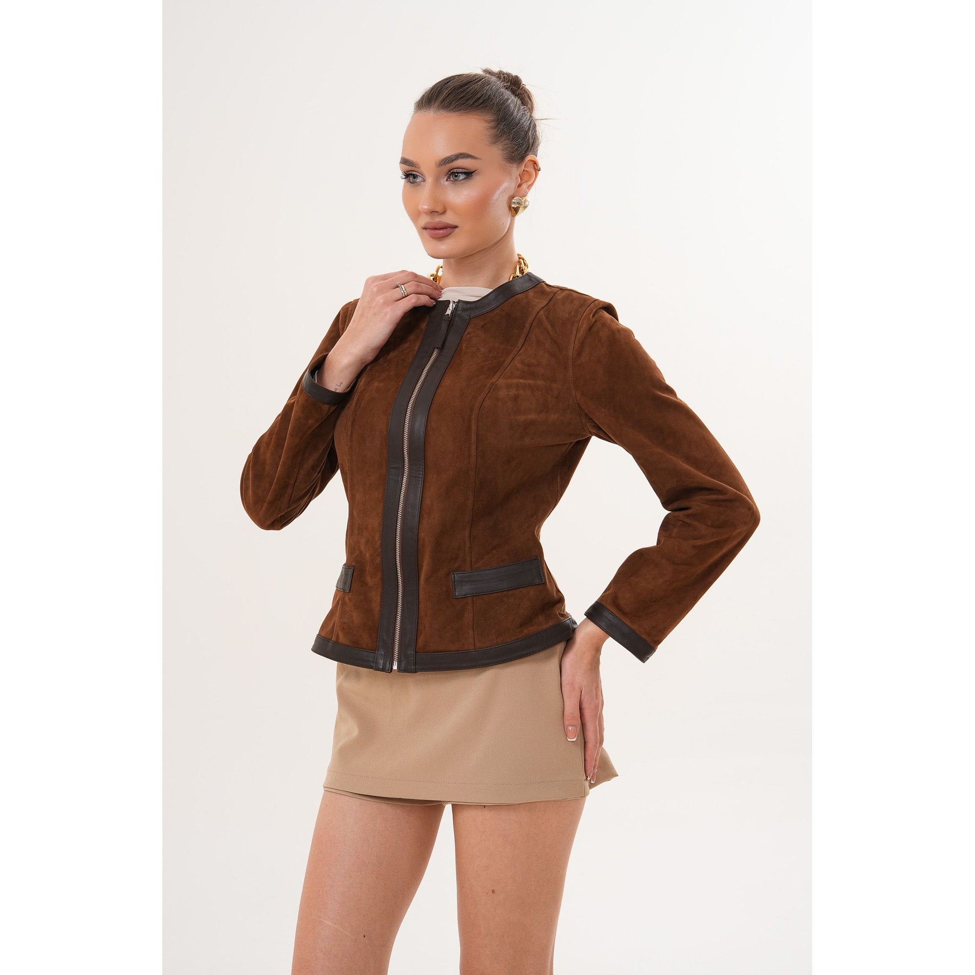 The Nyvessa Reversible Brown Suede & Dark Brown Leather Women Jacket