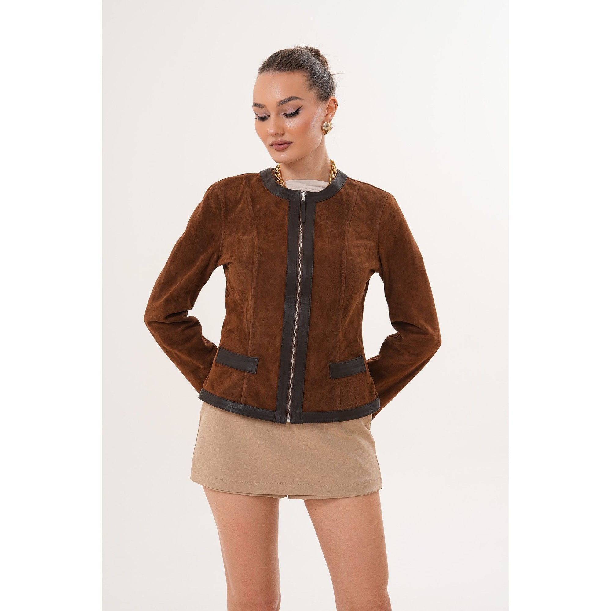 The Nyvessa Reversible Brown Suede & Dark Brown Leather Women Jacket