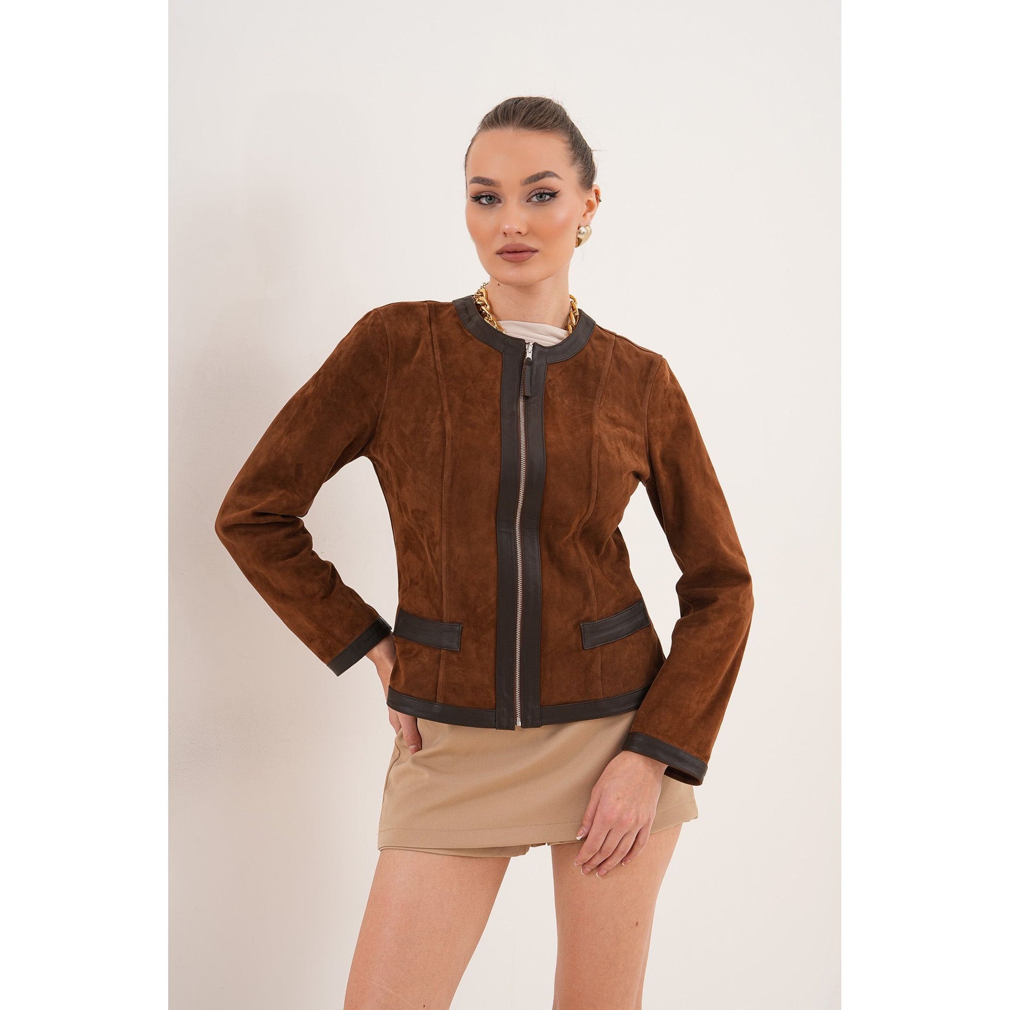 The Nyvessa Reversible Brown Suede & Dark Brown Leather Women Jacket
