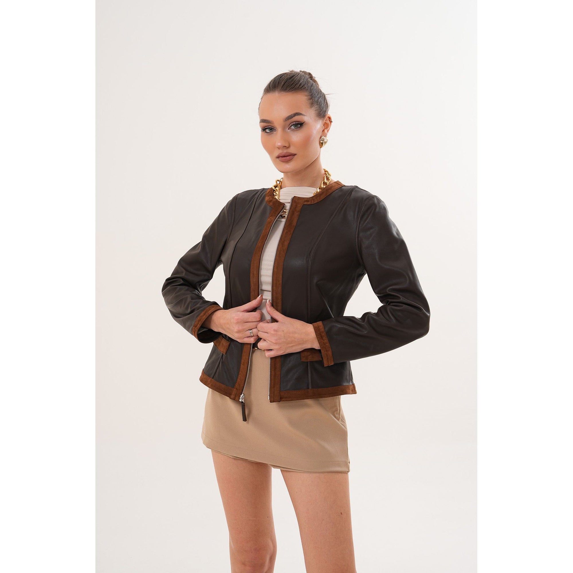 The Nyvessa Reversible Brown Suede & Dark Brown Leather Women Jacket