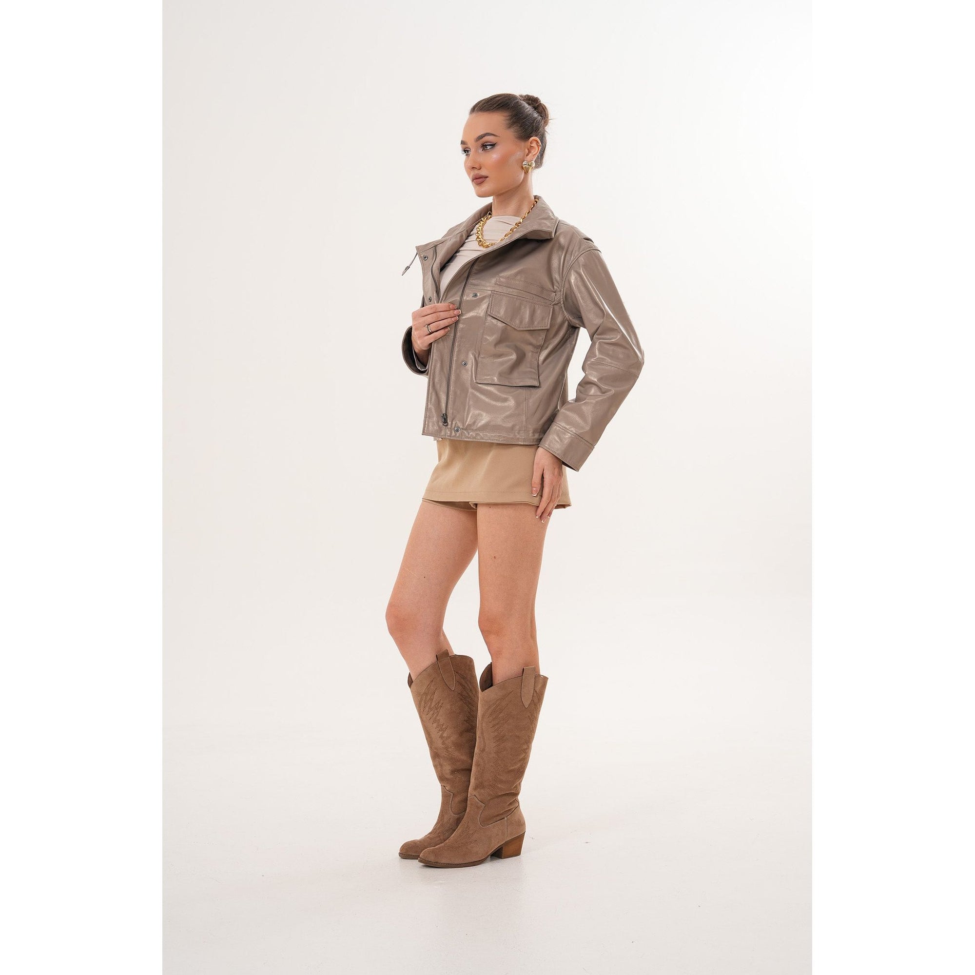 The Ravelyn Taupe Leather Women Jacket