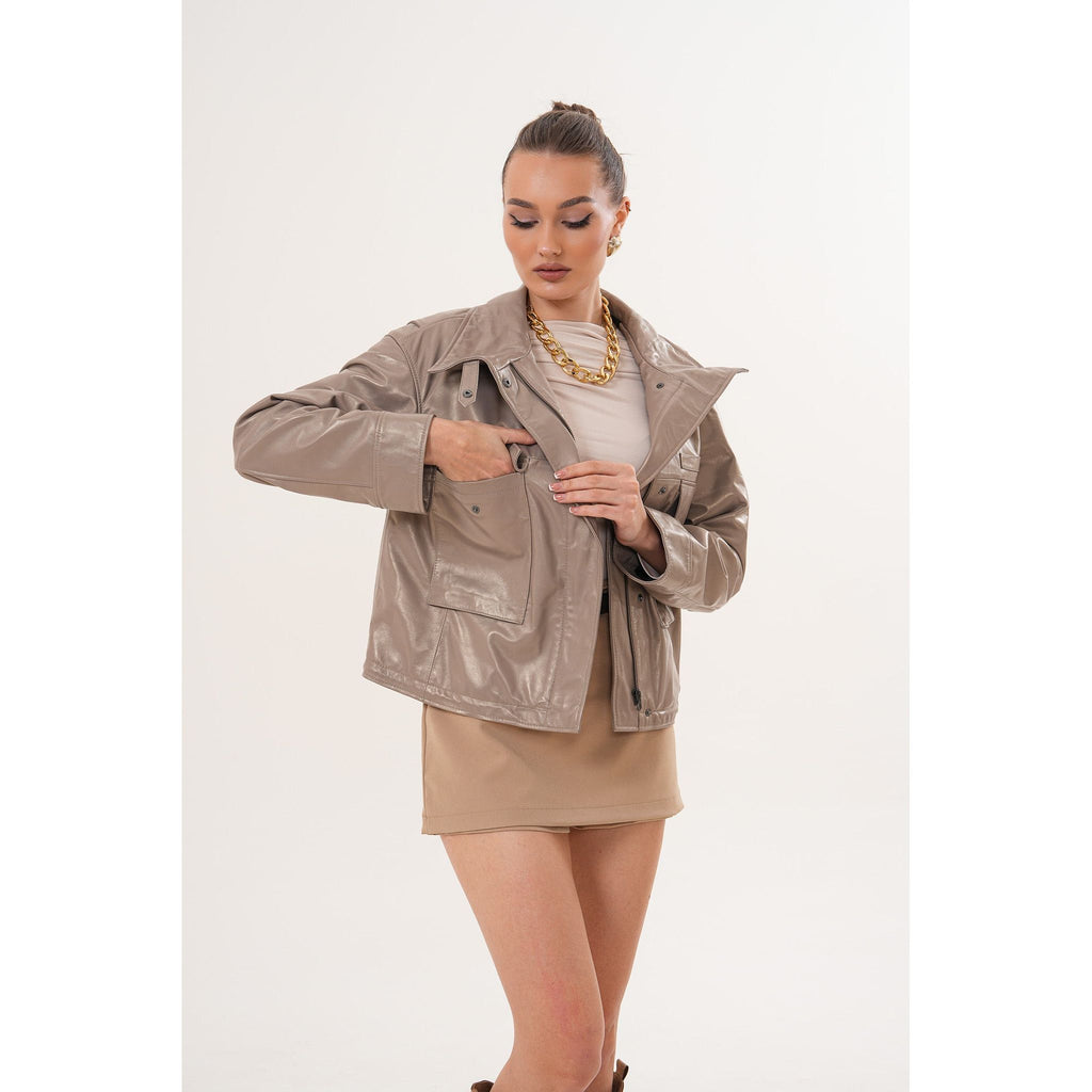 The Ravelyn Taupe Leather Women Jacket