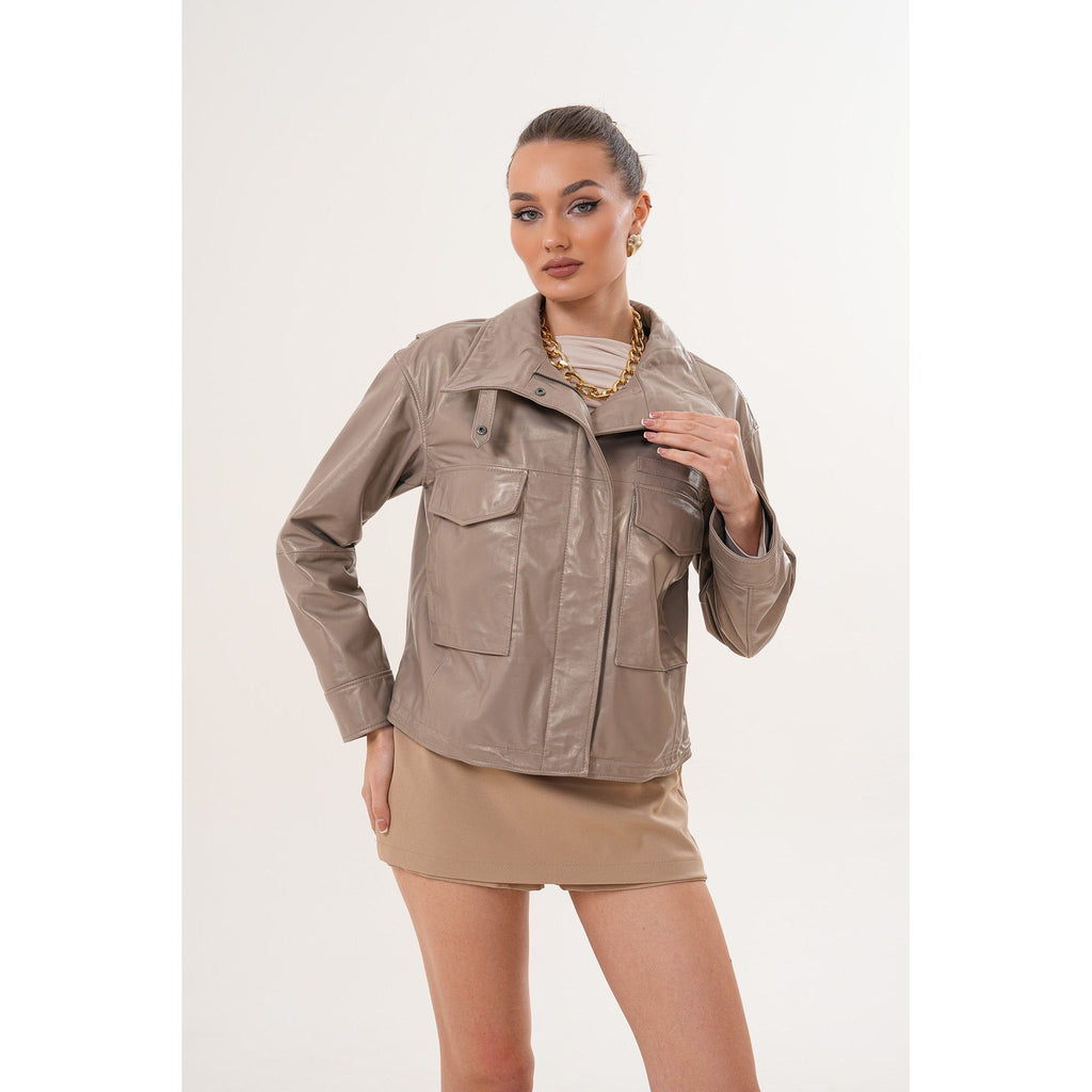 The Ravelyn Taupe Leather Women Jacket