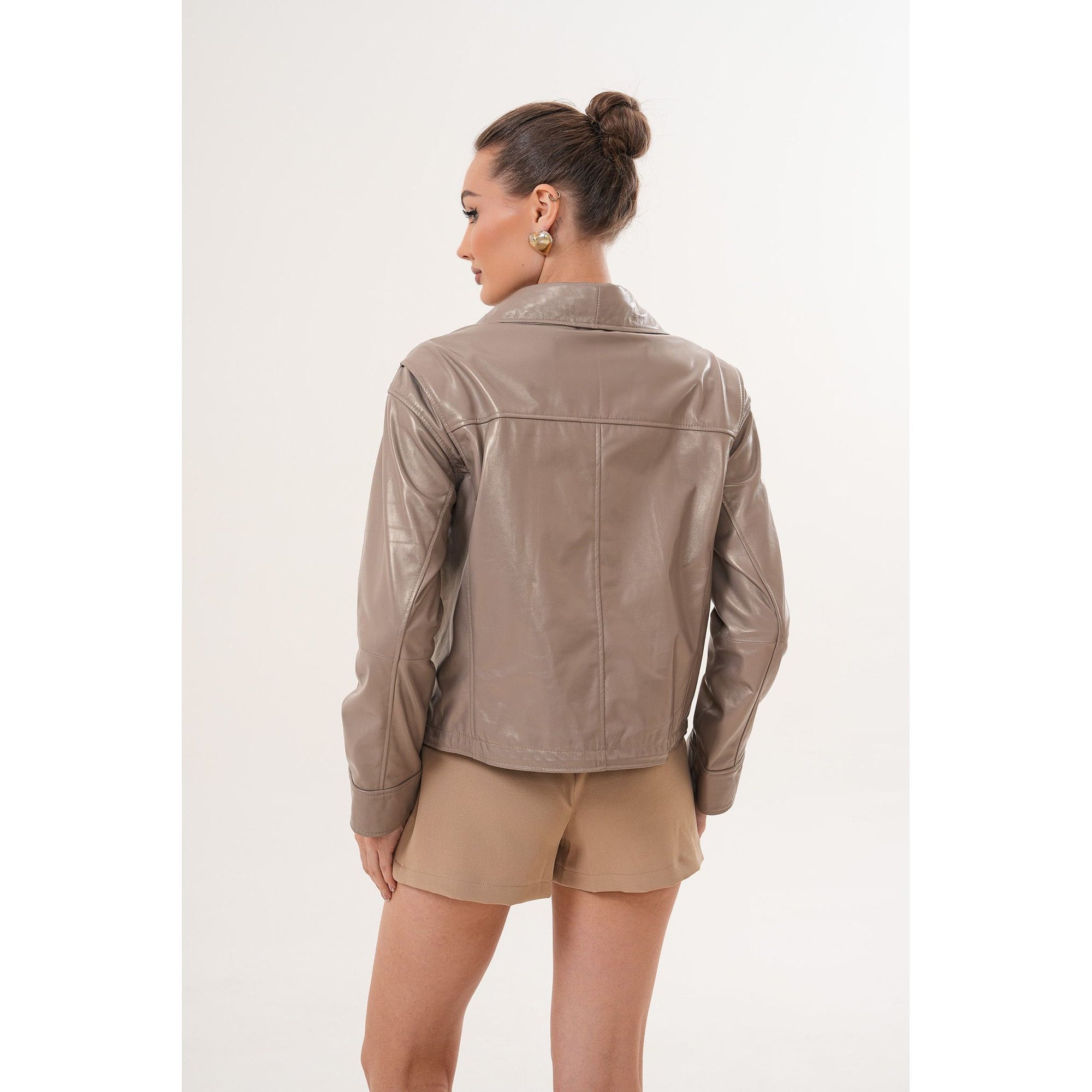 The Ravelyn Taupe Leather Women Jacket