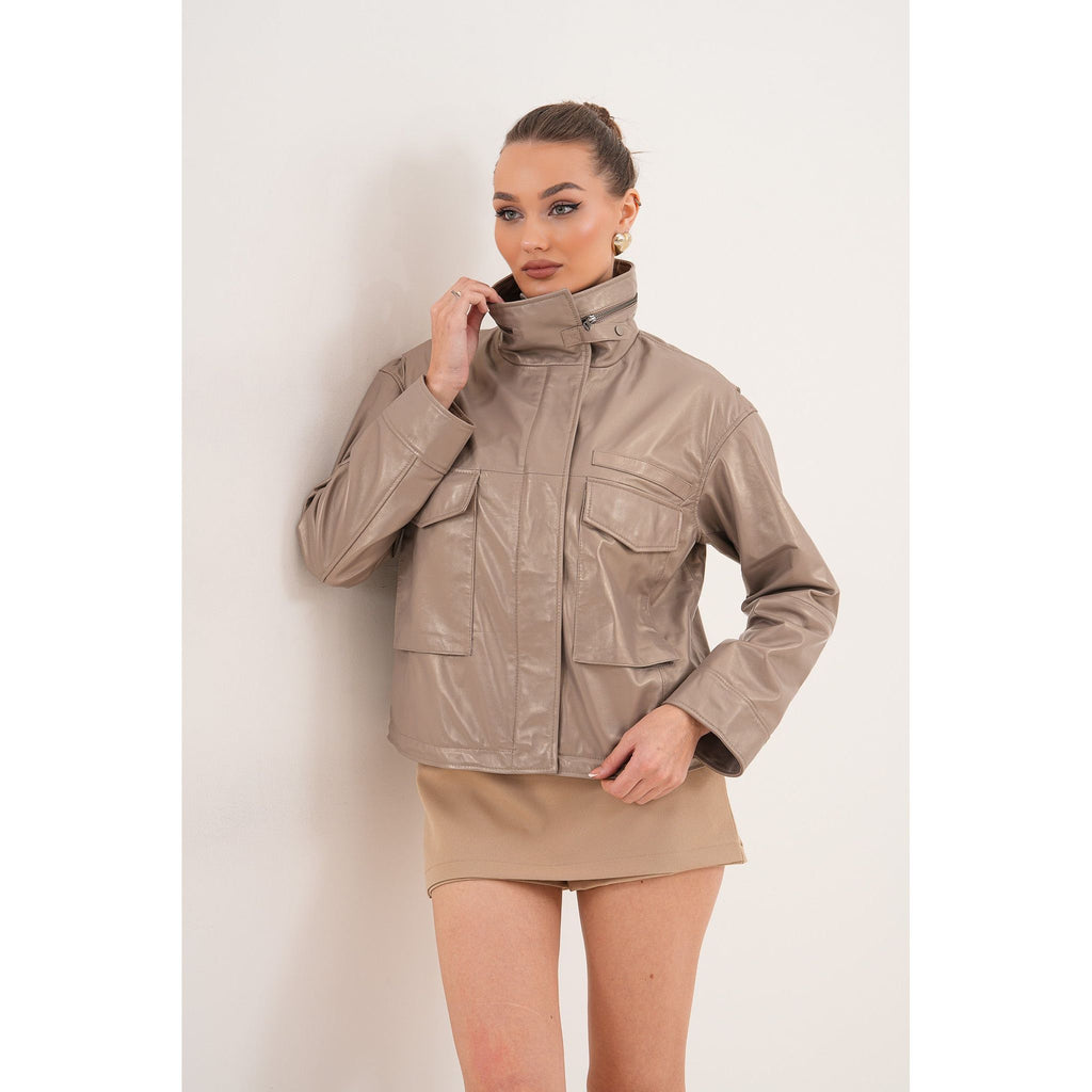 The Ravelyn Taupe Leather Women Jacket