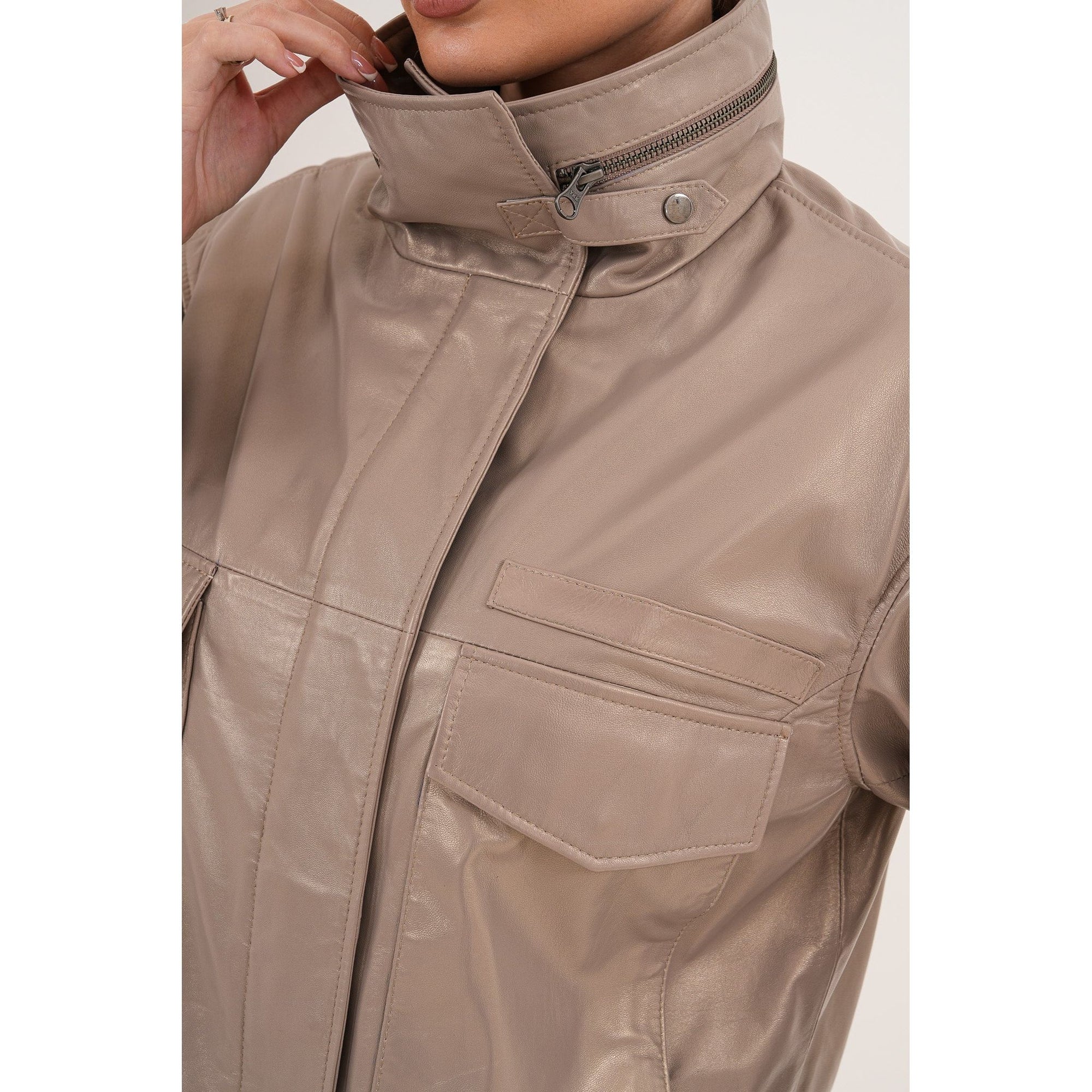 The Ravelyn Taupe Leather Women Jacket