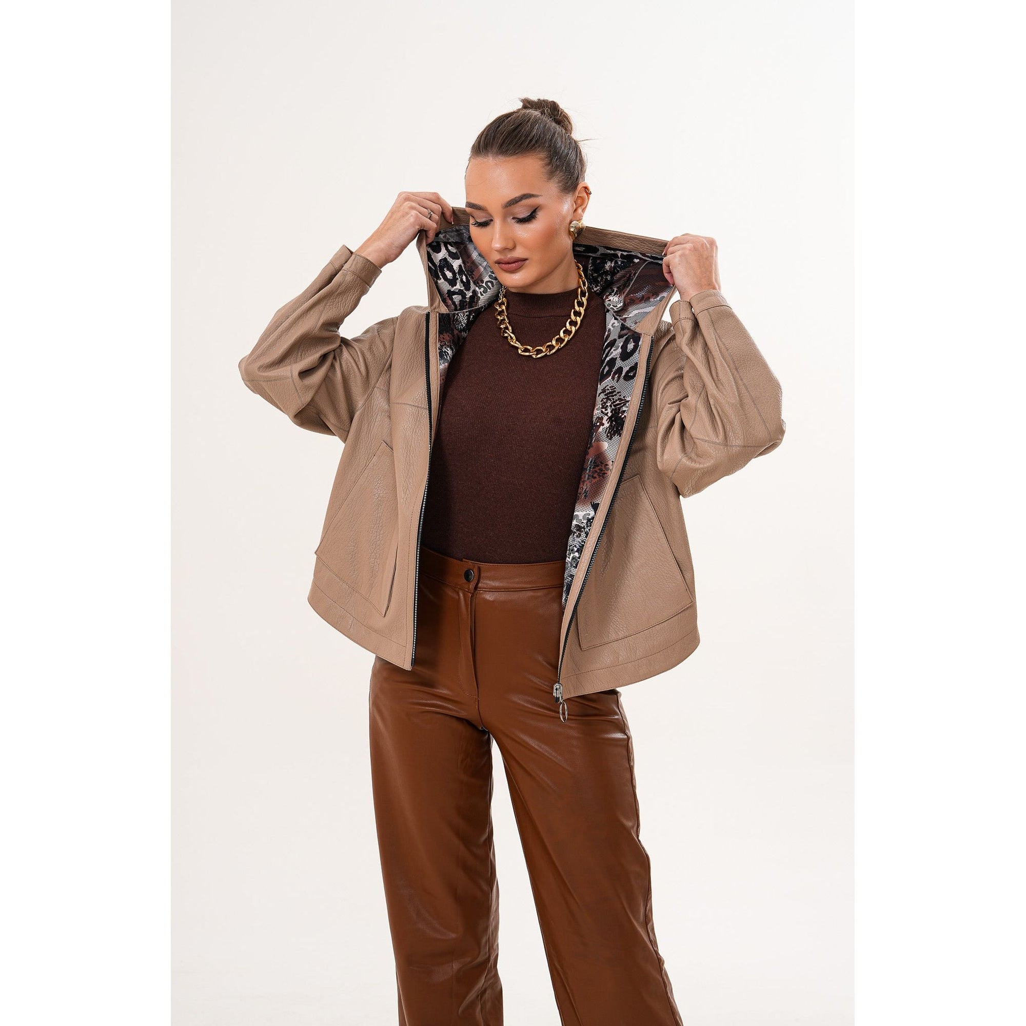 The Calyra Reversible Leather Women Jacket – Taupe