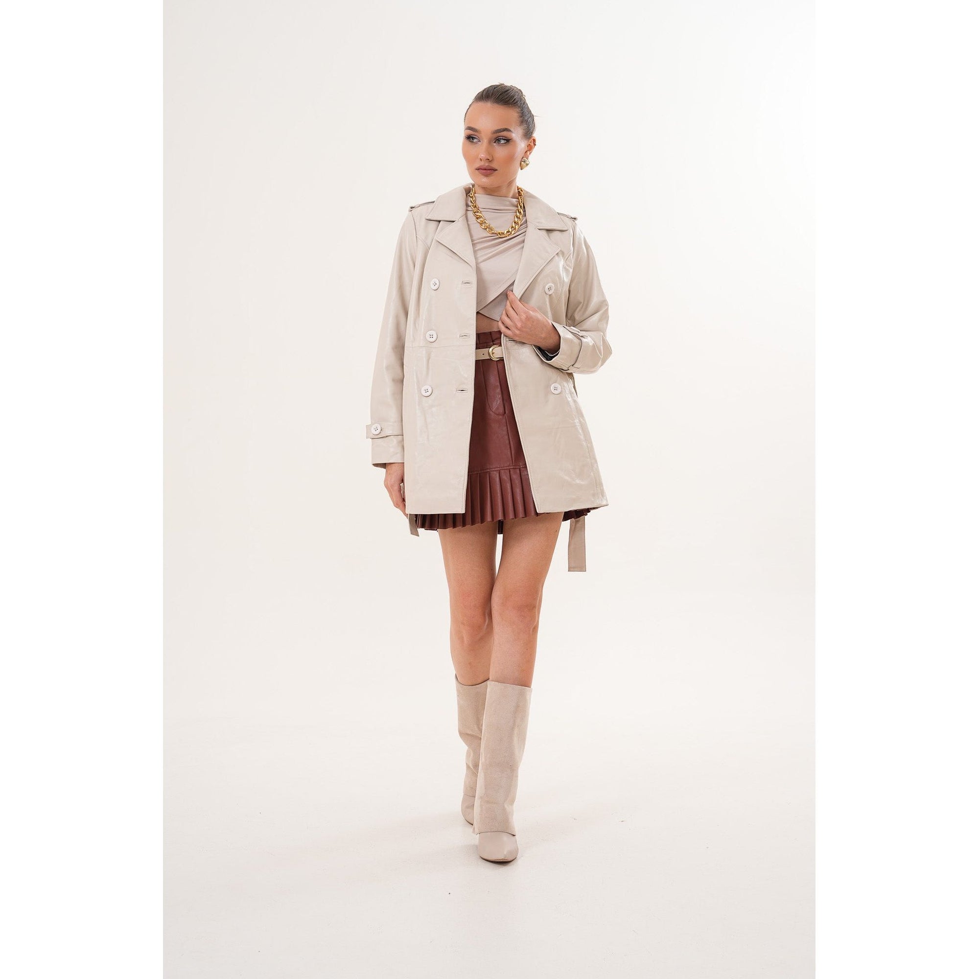 The Caelith Light Beige Leather Women Trench Jacket
