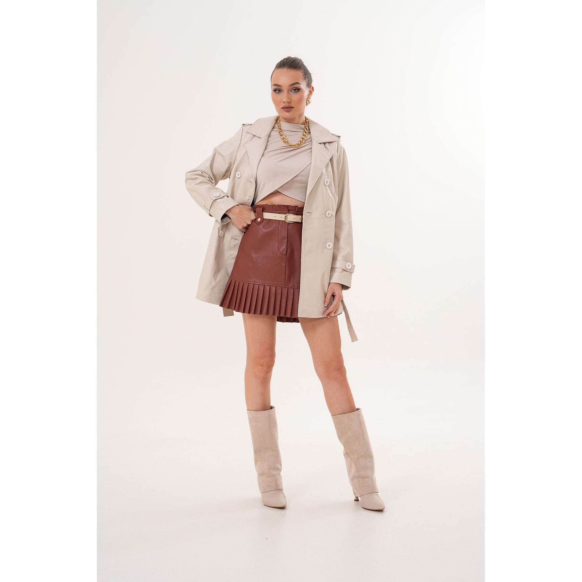 The Caelith Light Beige Leather Women Trench Jacket