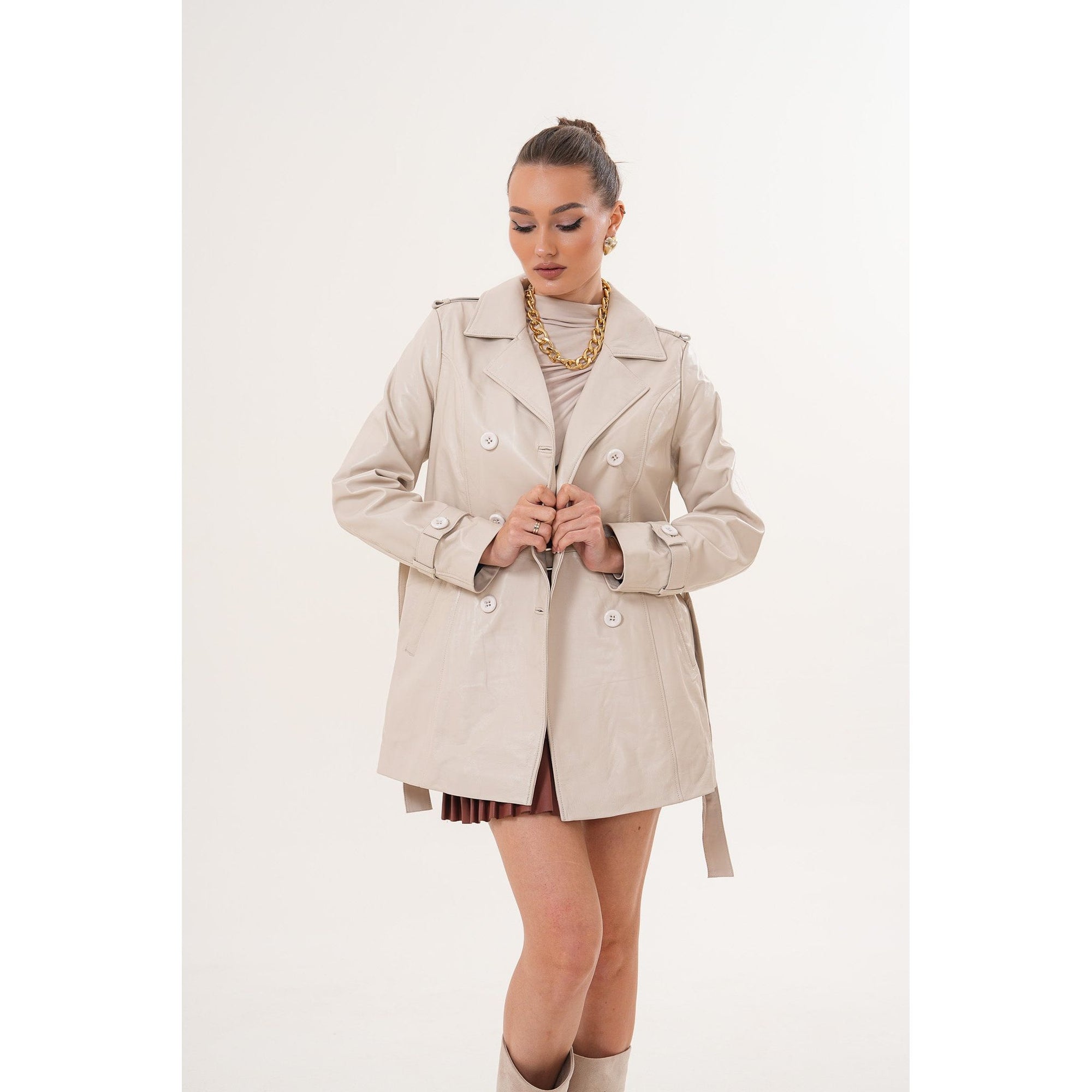The Caelith Light Beige Leather Women Trench Jacket