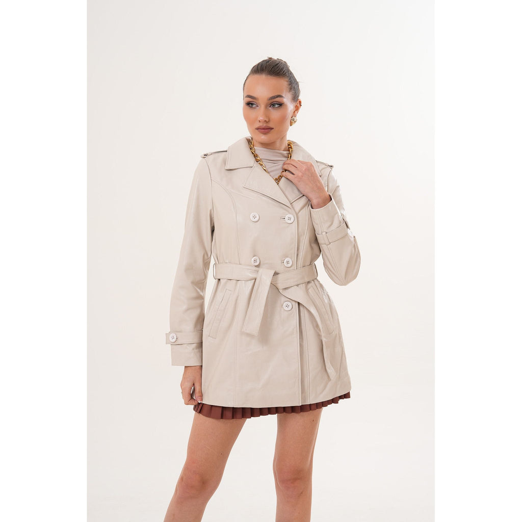 The Caelith Light Beige Leather Women Trench Jacket