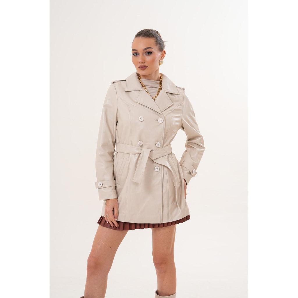 The Caelith Light Beige Leather Women Trench Jacket