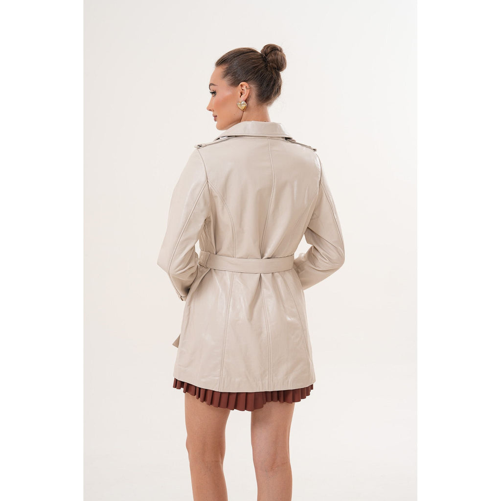 The Caelith Light Beige Leather Women Trench Jacket