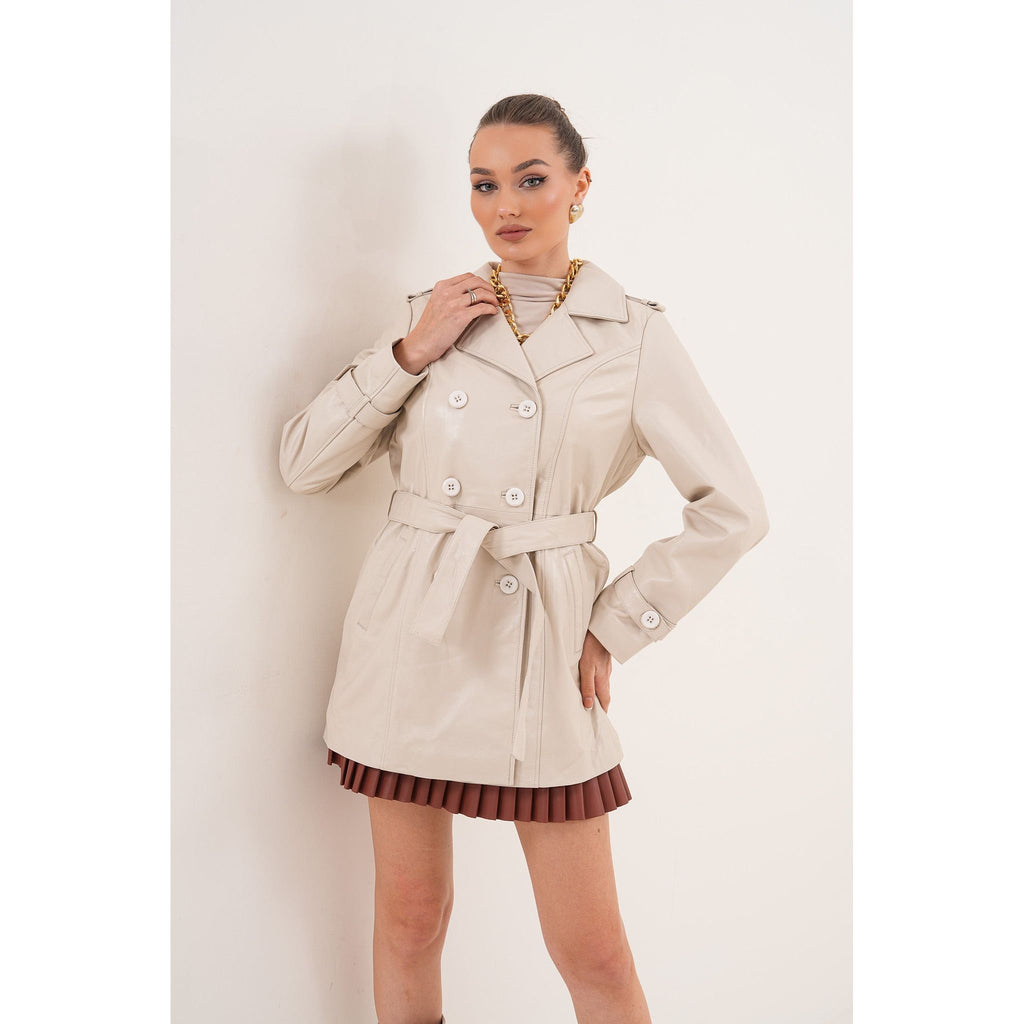 The Caelith Light Beige Leather Women Trench Jacket