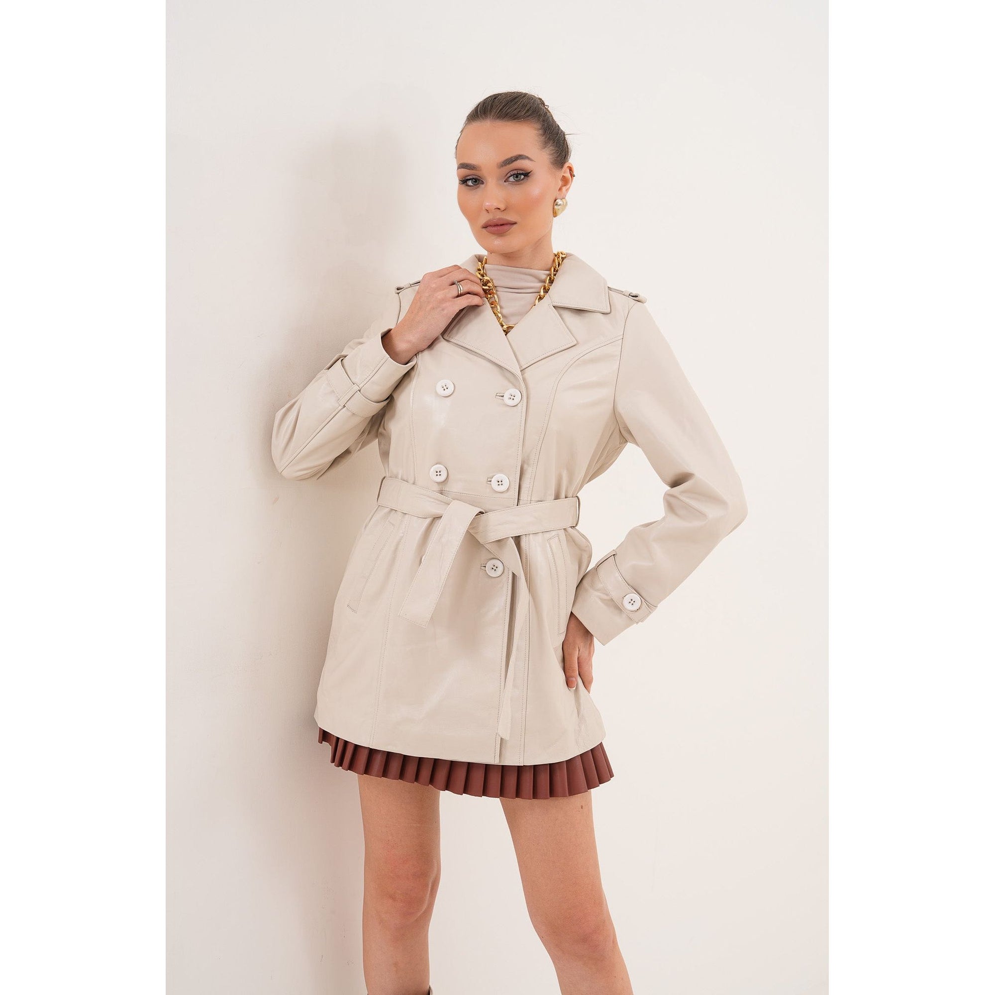 The Caelith Light Beige Leather Women Trench Jacket