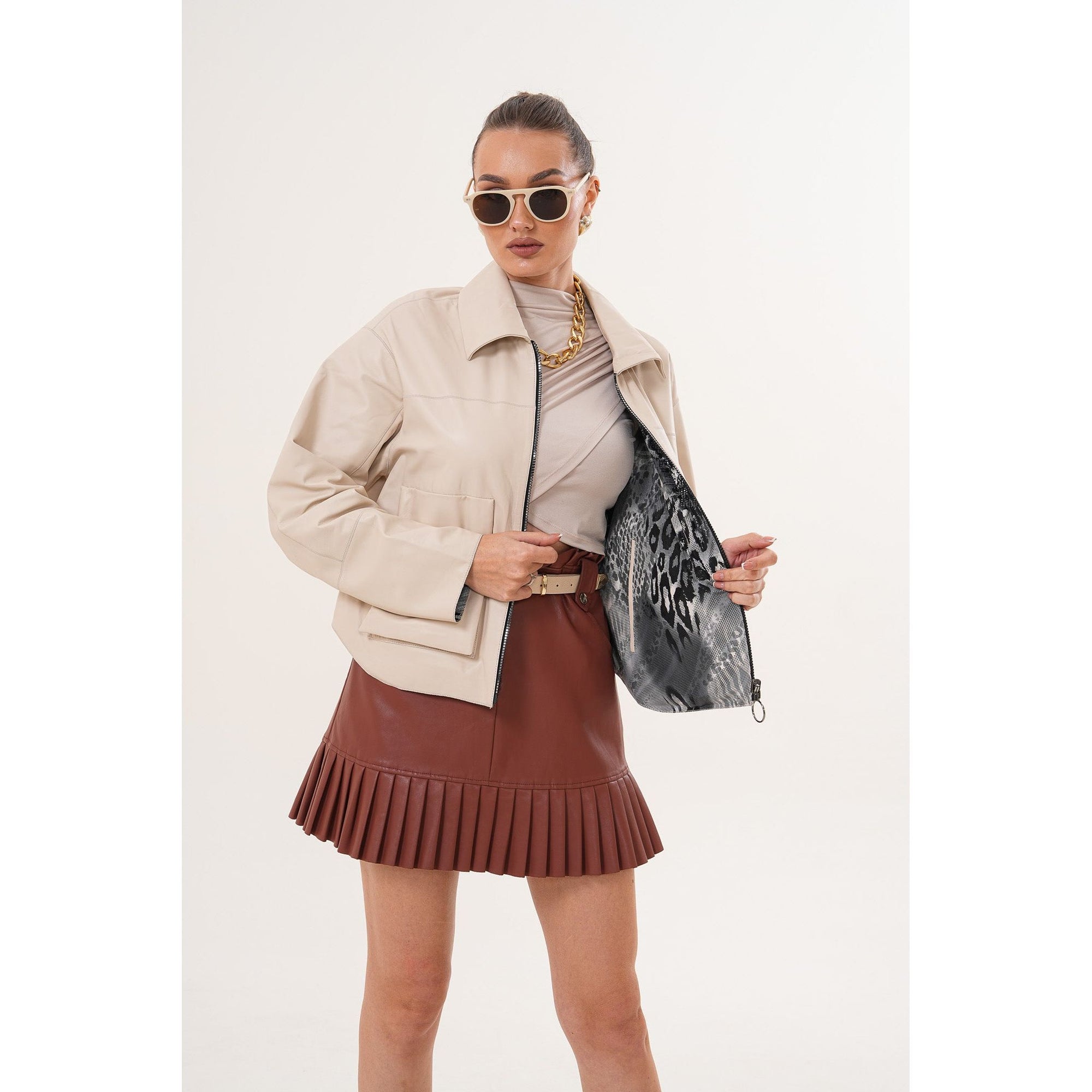 The Elvoria Reversible Beige Leather Jacket