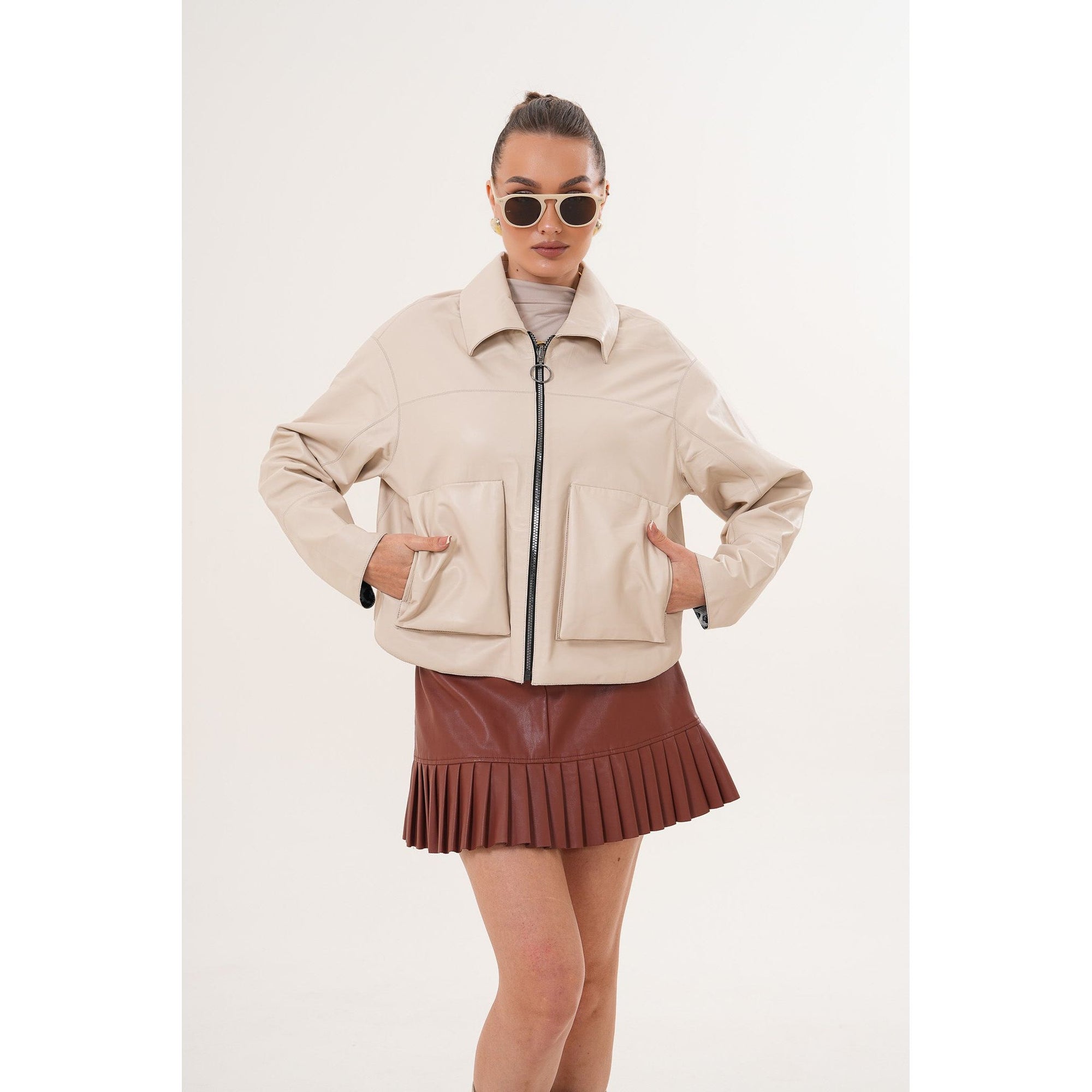 The Elvoria Reversible Beige Leather Jacket