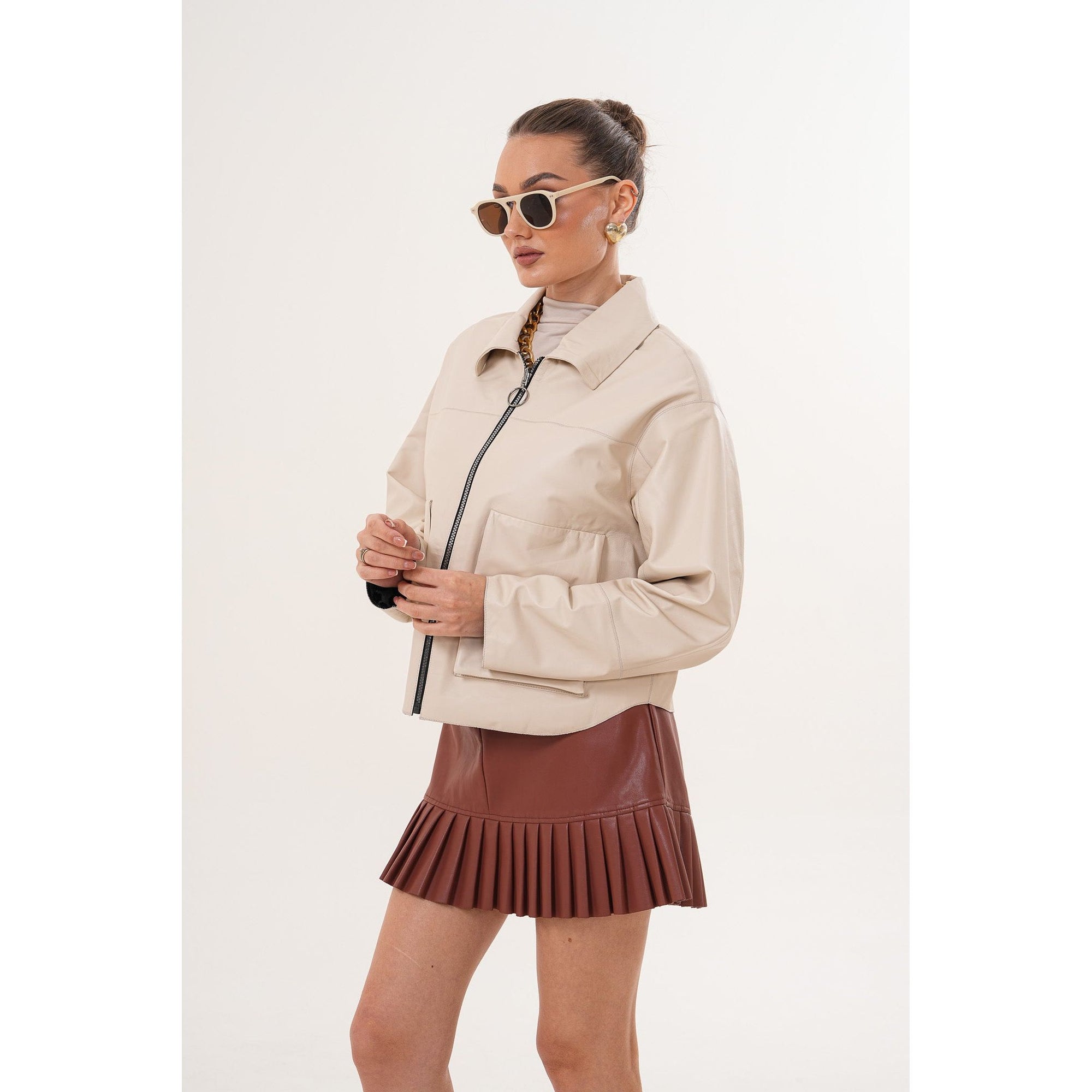 The Elvoria Reversible Beige Leather Jacket