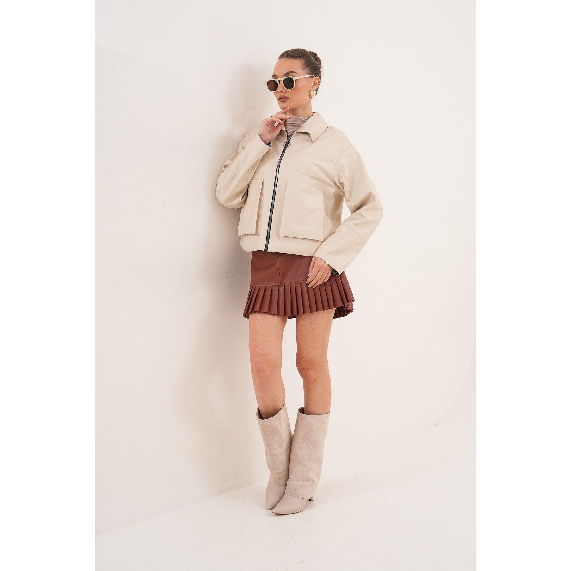 The Elvoria Reversible Beige Leather Jacket