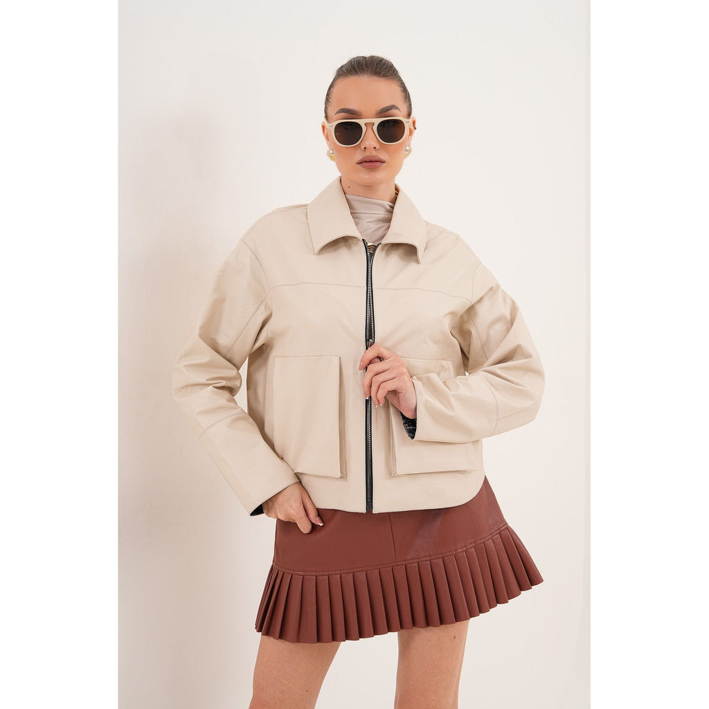 The Elvoria Reversible Beige Leather Jacket