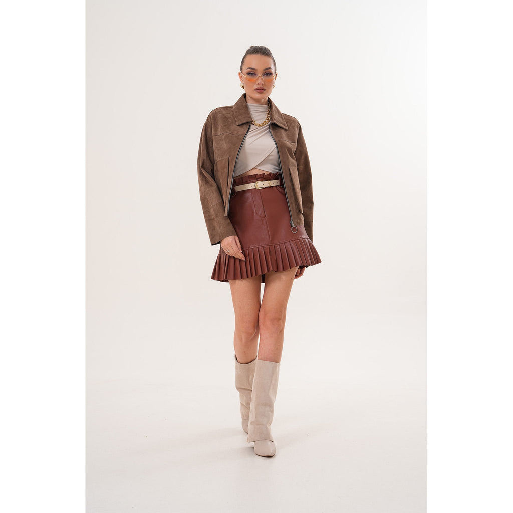 Elvoria Reversible Leather Jacket – Taupe / Suede Brown