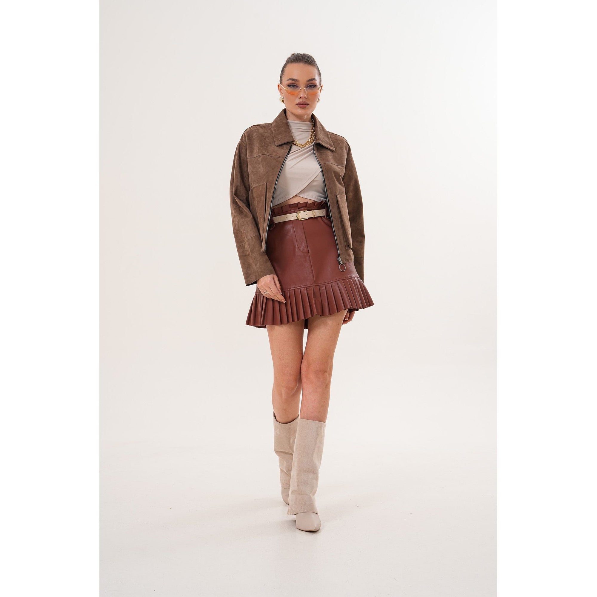 Elvoria Reversible Leather Jacket – Taupe / Suede Brown