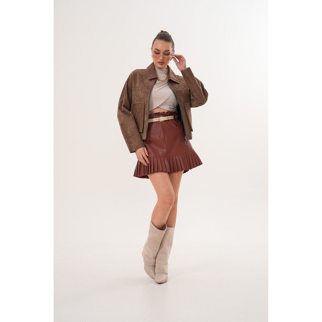 Elvoria Reversible Leather Jacket – Taupe / Suede Brown