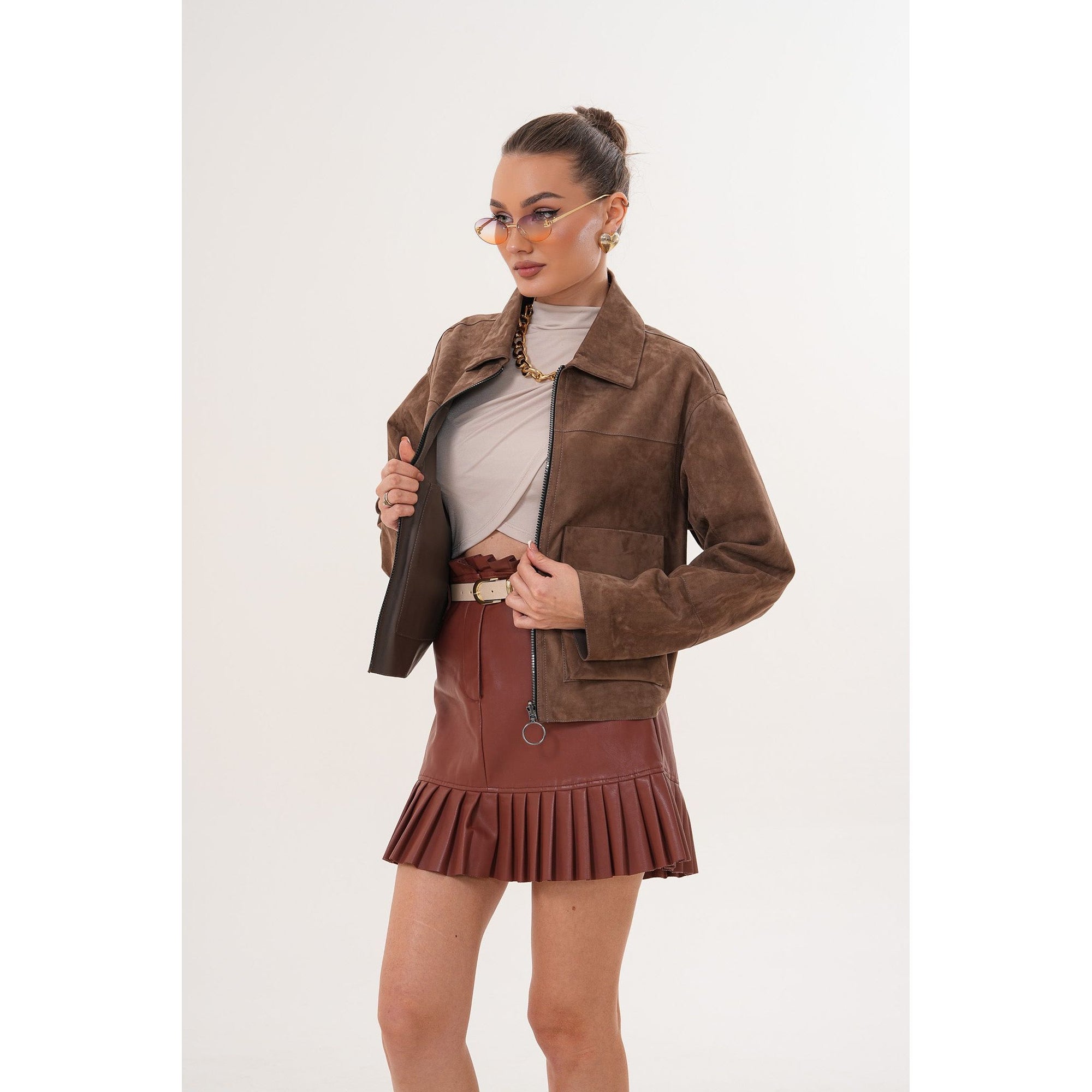 Elvoria Reversible Leather Jacket – Taupe / Suede Brown
