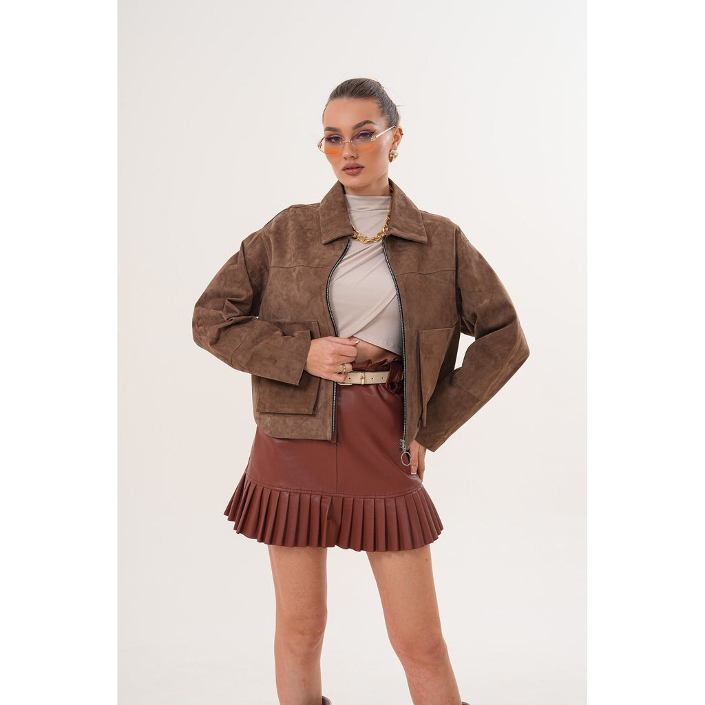 Elvoria Reversible Leather Jacket – Taupe / Suede Brown