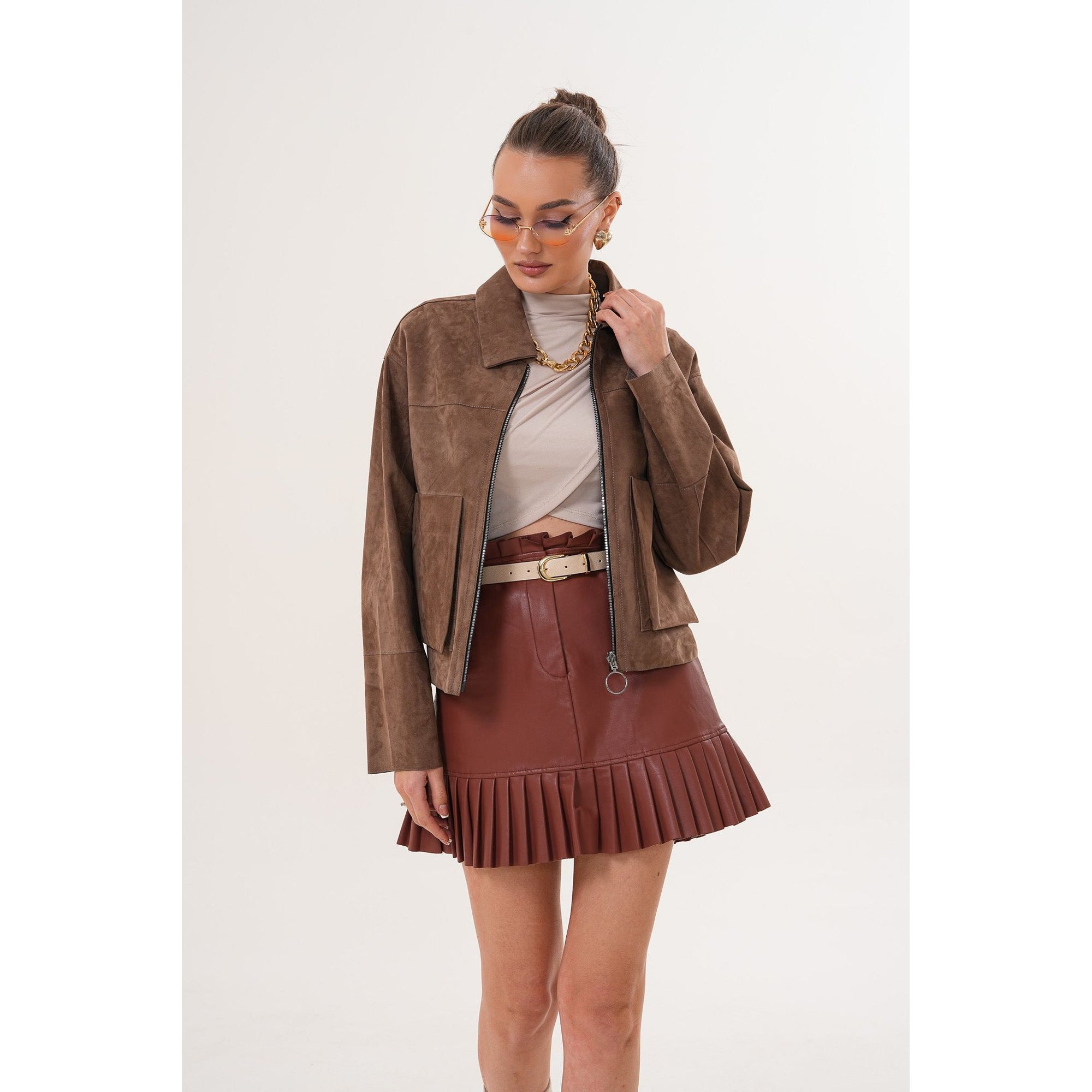 Elvoria Reversible Leather Jacket – Taupe / Suede Brown