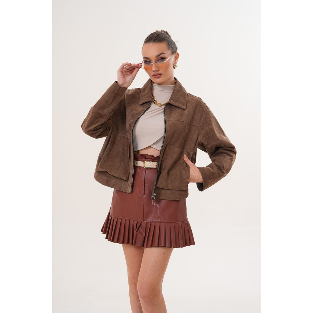 Elvoria Reversible Leather Jacket – Taupe / Suede Brown