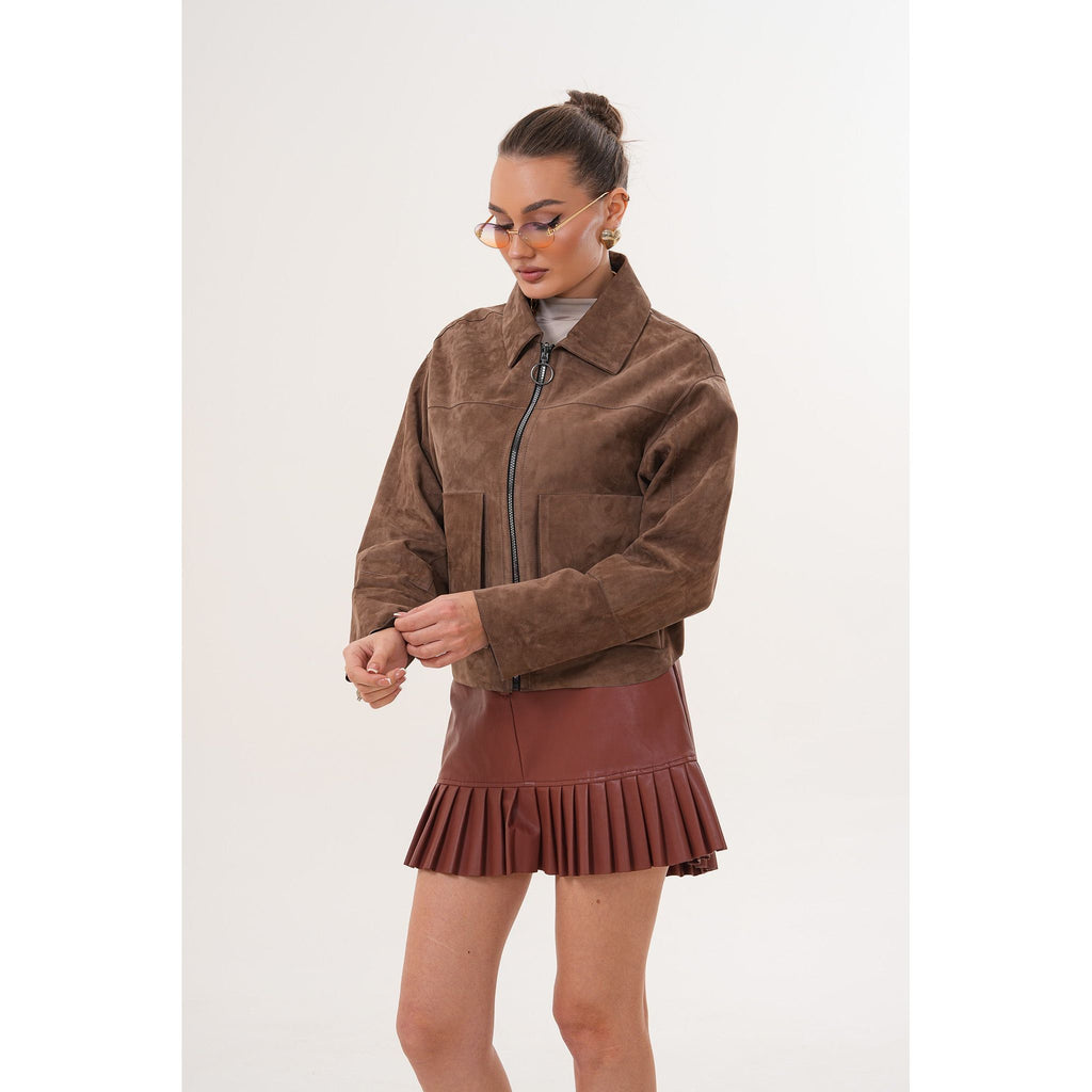 Elvoria Reversible Leather Jacket – Taupe / Suede Brown