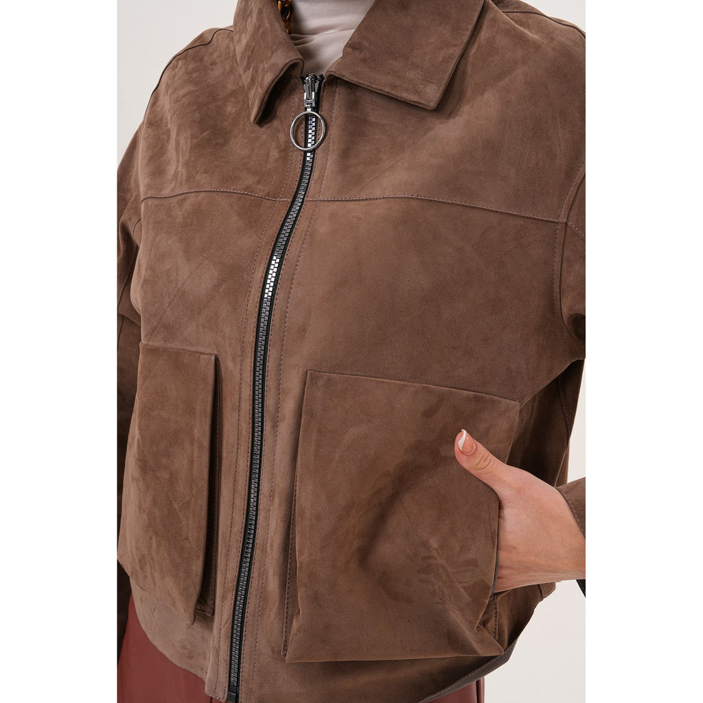 Elvoria Reversible Leather Jacket – Taupe / Suede Brown
