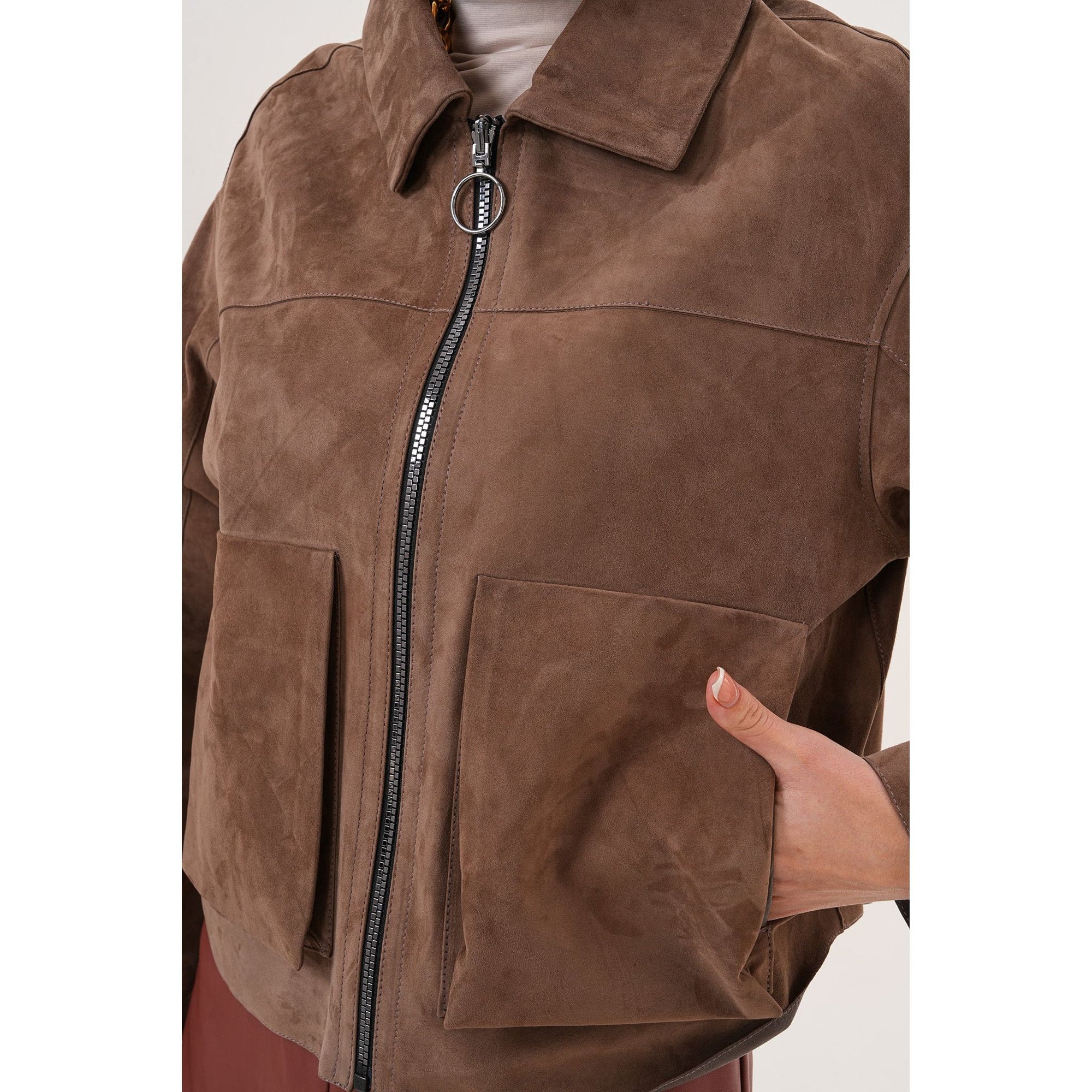 Elvoria Reversible Leather Jacket – Taupe / Suede Brown